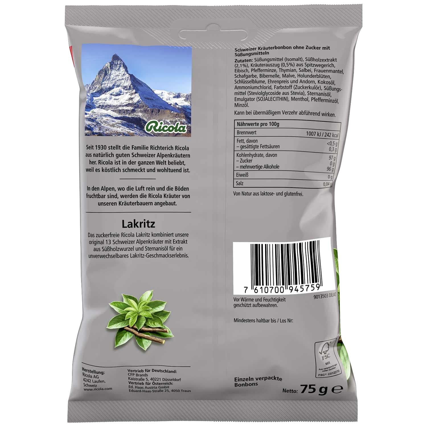 Bonbons Ricola Réglisse Sans Sucre – texture lisse, goût de réglisse pour une pause gourmande.