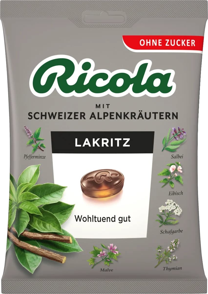 Ricola Réglisse Sans Sucre – emballage 75 g, pratique à emporter lors de déplacements.