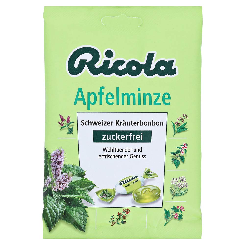 Sachets Ricola pomme menthe sans sucre, rafraîchissants et pratiques.