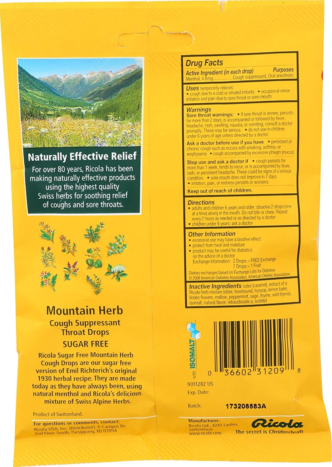 Emballage visible des pastilles Ricola sans sucre pour gorge sensible.