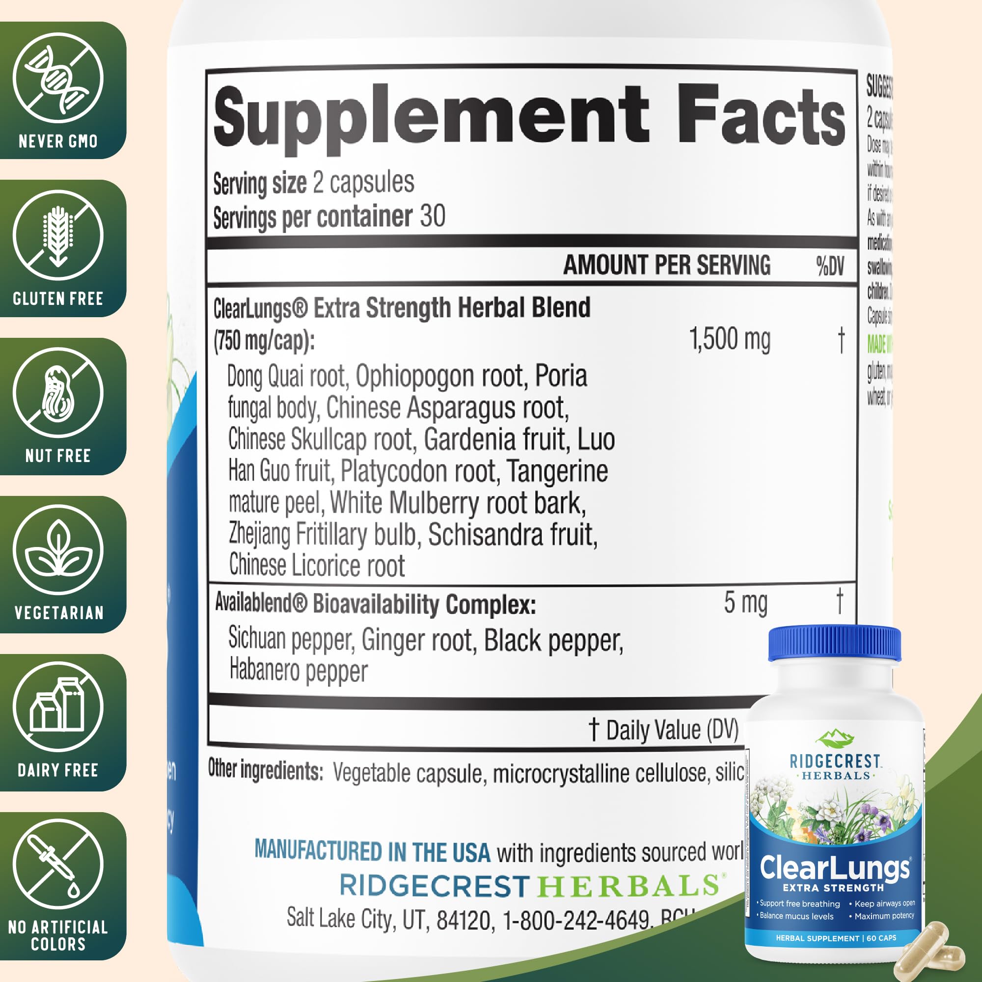 RidgeCrest ClearLungs: formulation naturelle pour soutenir les voies respiratoires.