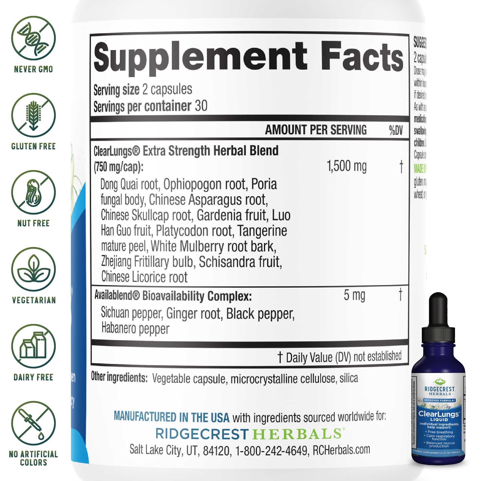 RidgeCrest ClearLungs, gout d orange, formulation sans alcool pour soutien pulmonaire en douceur.