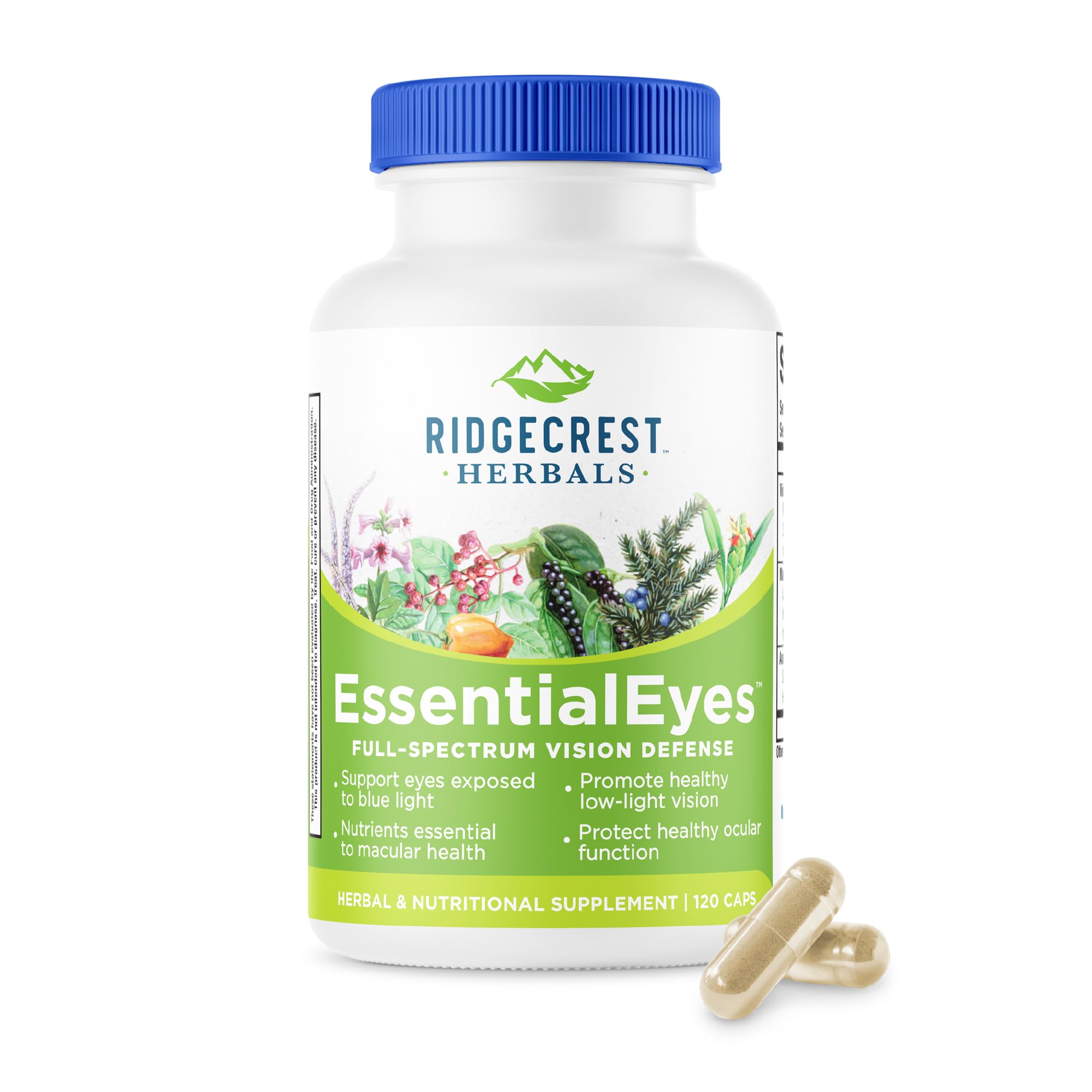 RidgeCrest EssentialEyes : flacon en gros plan lors du versement, soutien potentiel à la vision