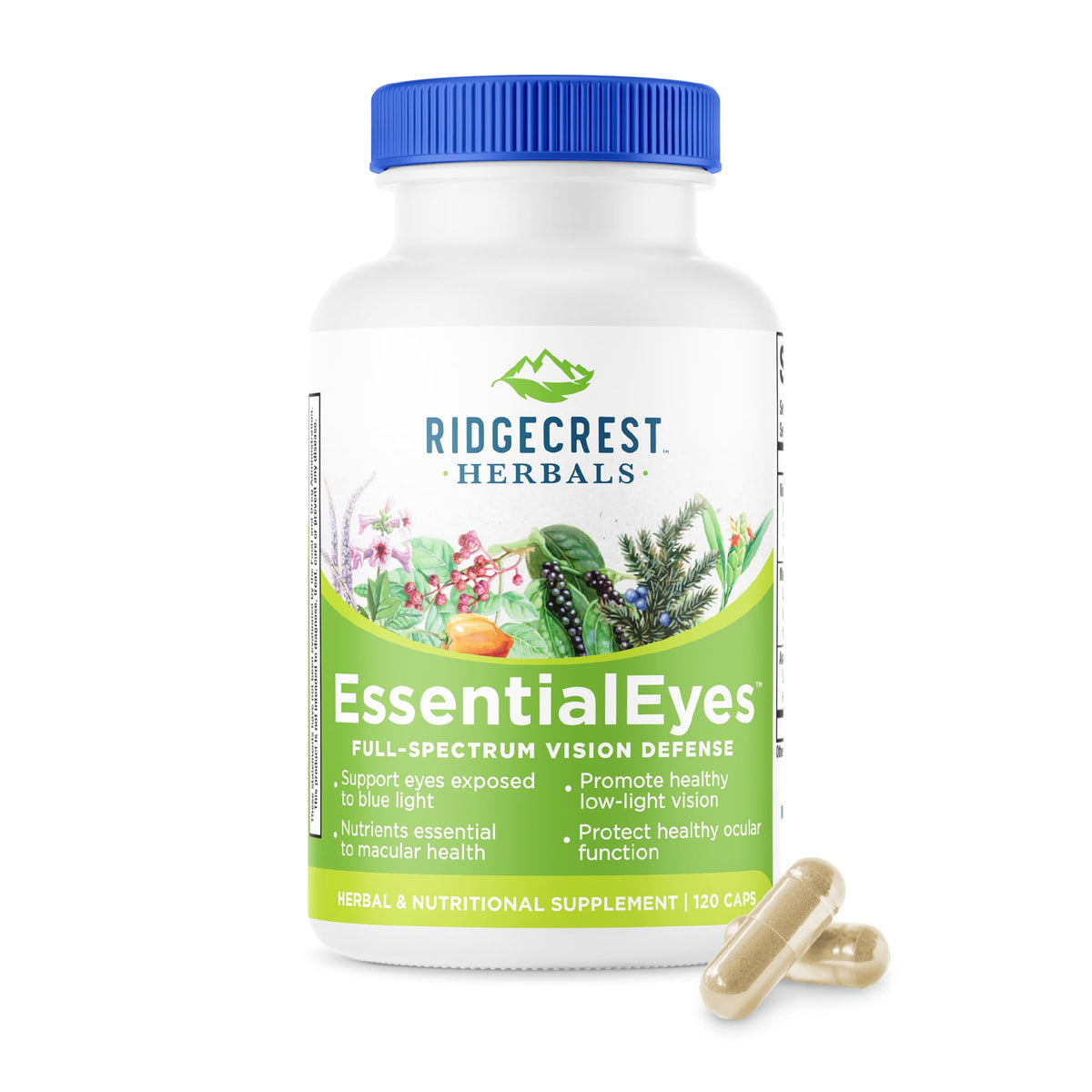 RidgeCrest EssentialEyes : flacon en gros plan lors du versement, soutien potentiel à la vision