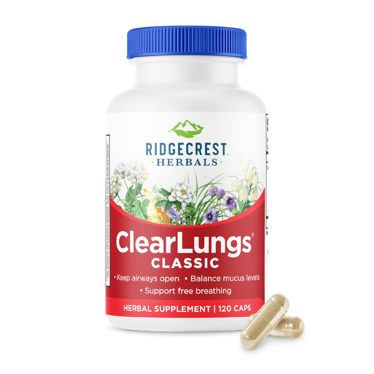 ClearLungs Classic RidgeCrest dans une bouteille — soutien respiratoire doux et respiration libre.