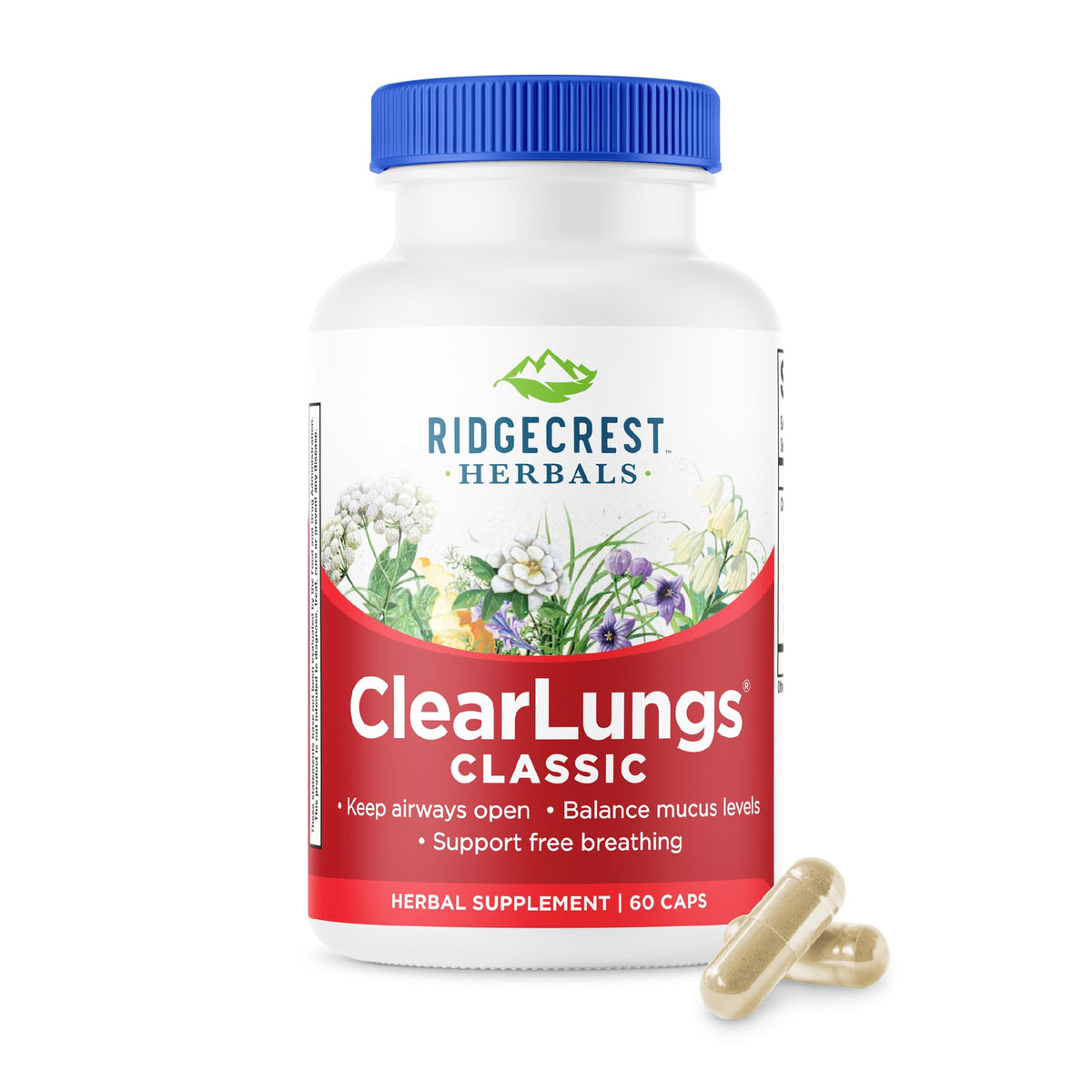 RidgeCrest ClearLungs Classic en bouteille, prête à favoriser une respiration plus libre au quotidien.