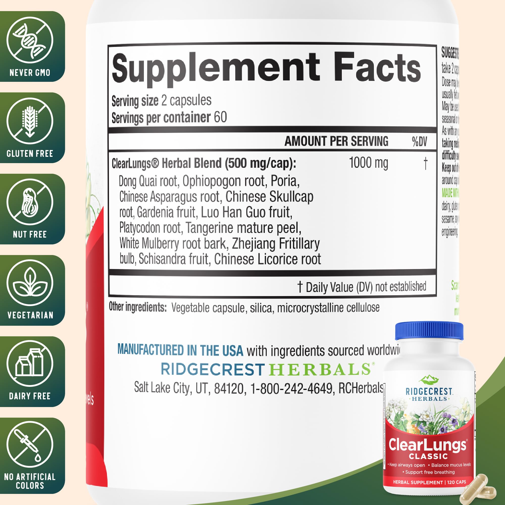 Capsules vegan ClearLungs Classic RidgeCrest — format pratique pour une routine quotidienne.