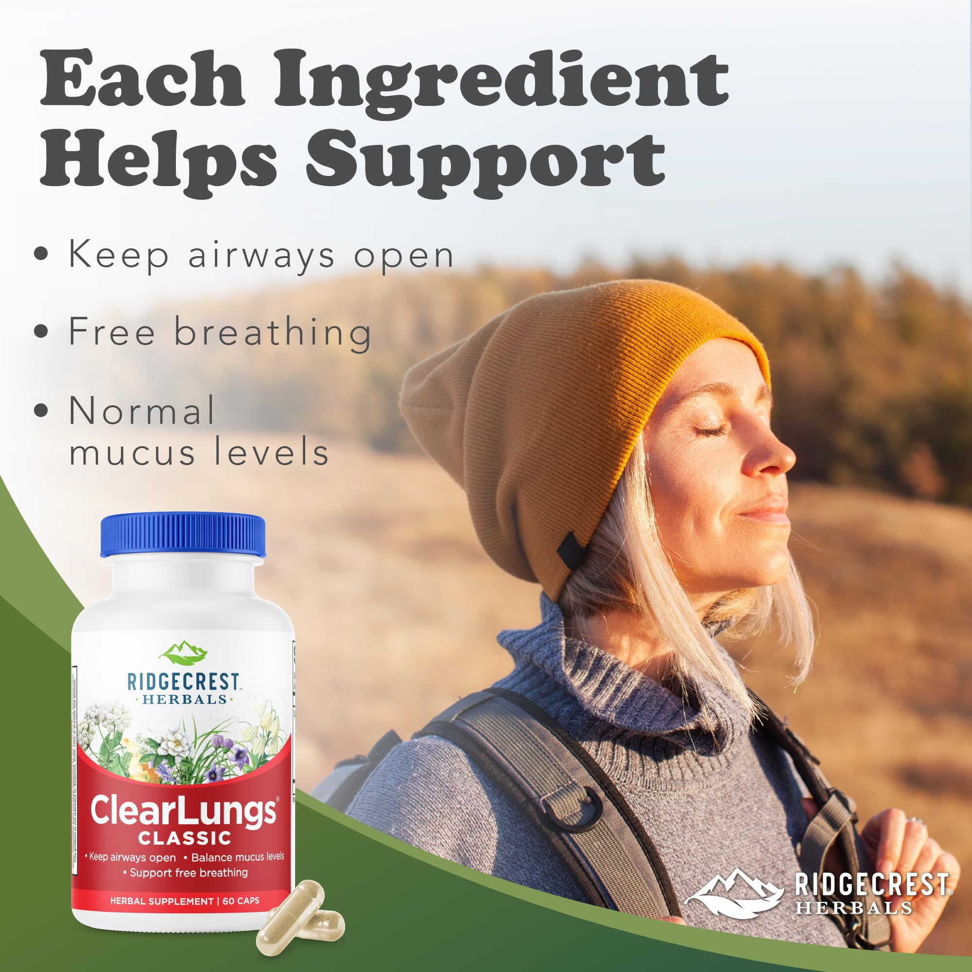 Capsules ClearLungs Classic RidgeCrest pour un soutien pulmonaire pratique et simple.