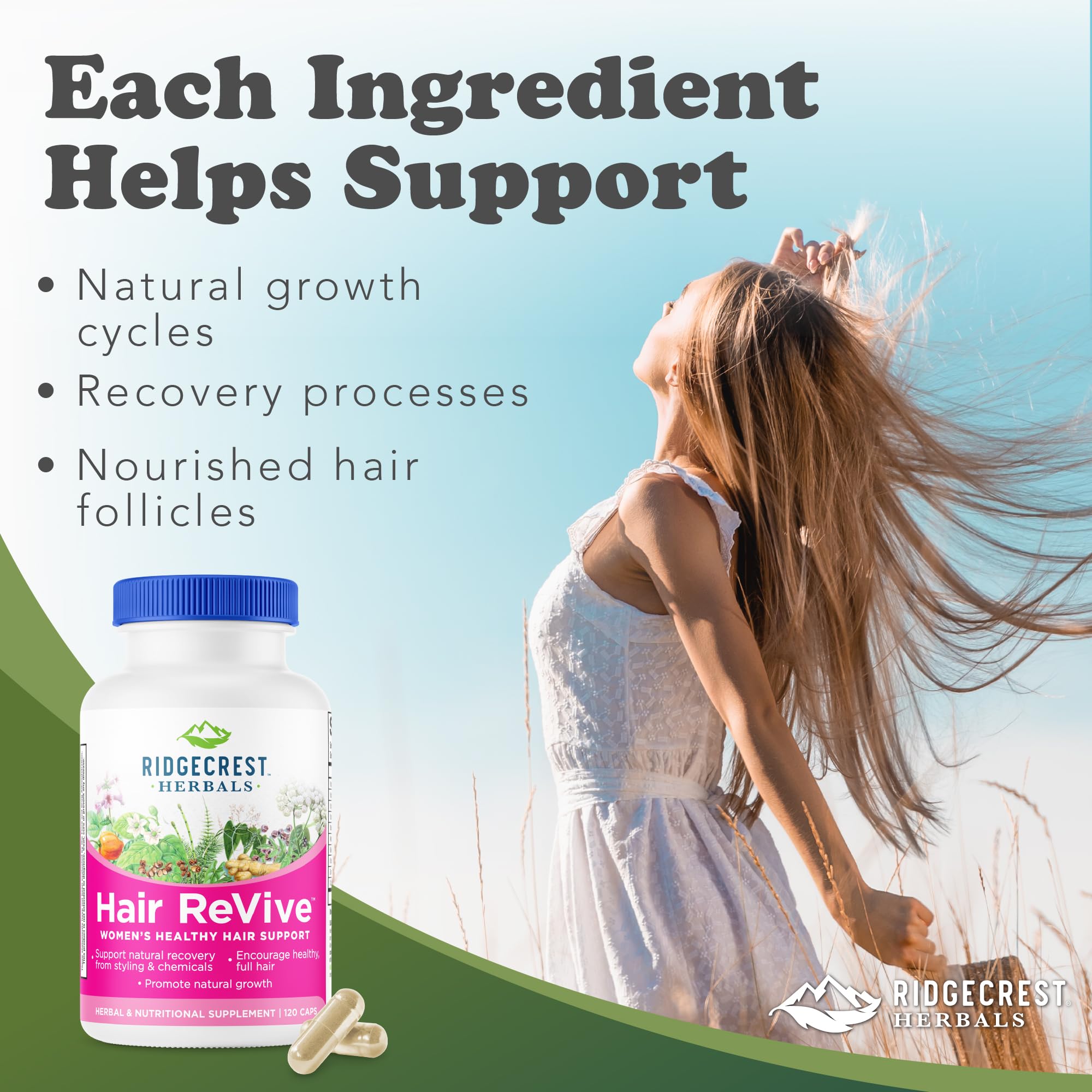 RidgeCrest Hair ReVive, gelules, apport en biotine et vitamines.