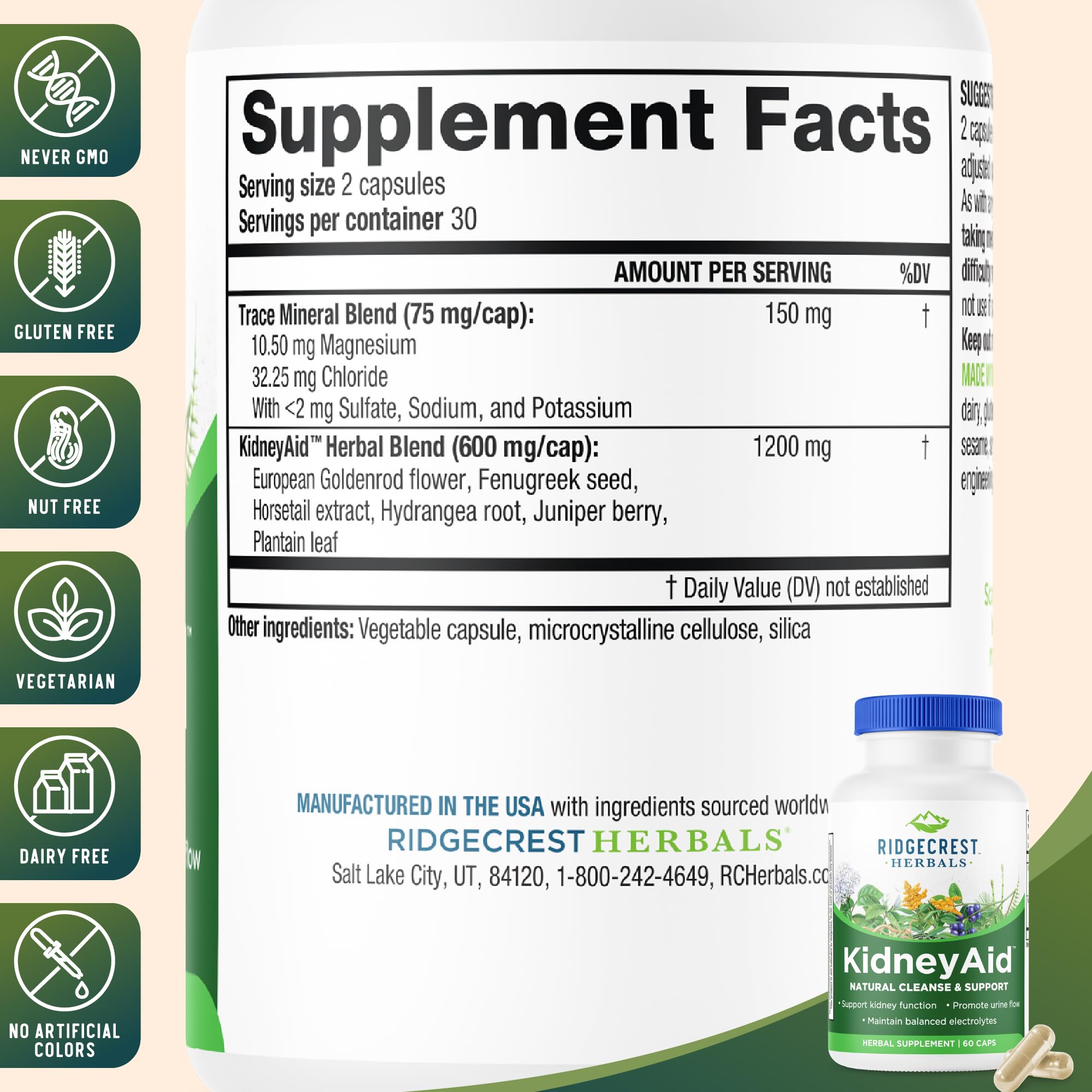 RidgeCrest KidneyAid: herbes naturelles visibles, soutien urinaire potentiel.