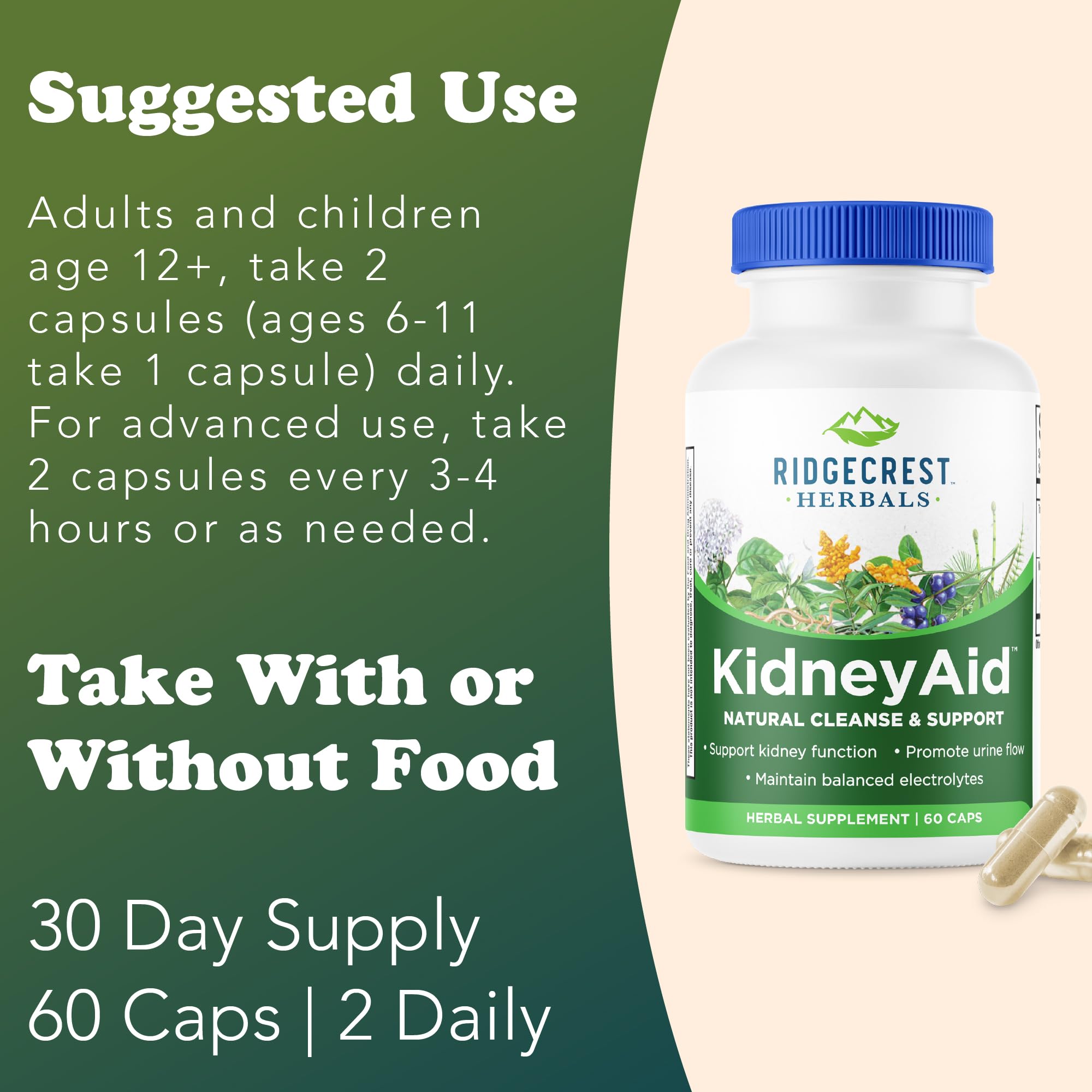 RidgeCrest KidneyAid: packaging et informations pour une utilisation régulière.