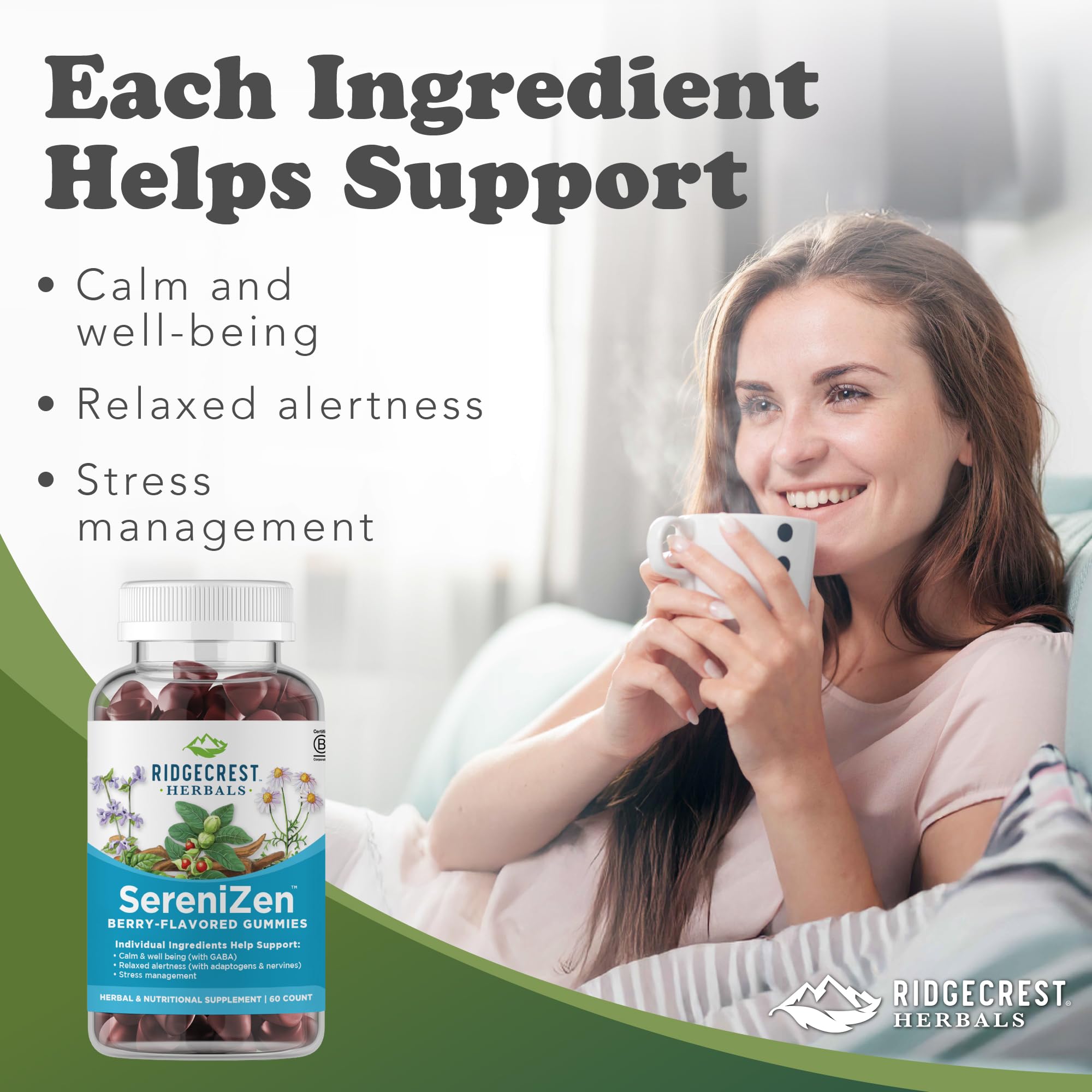 RidgeCrest SereniZen Gummies — bouteille 60 comprimés, pratique pour routine quotidienne.