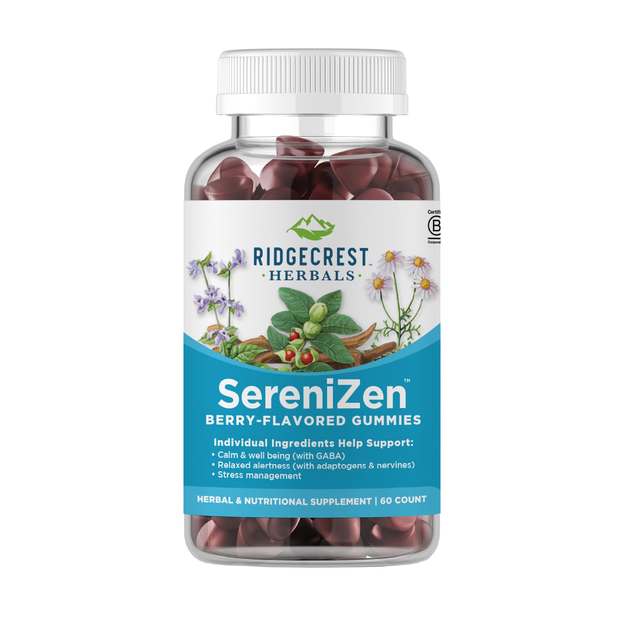 RidgeCrest SereniZen Gummies — emballage visible, soutien potentiel au calme et à la détente.