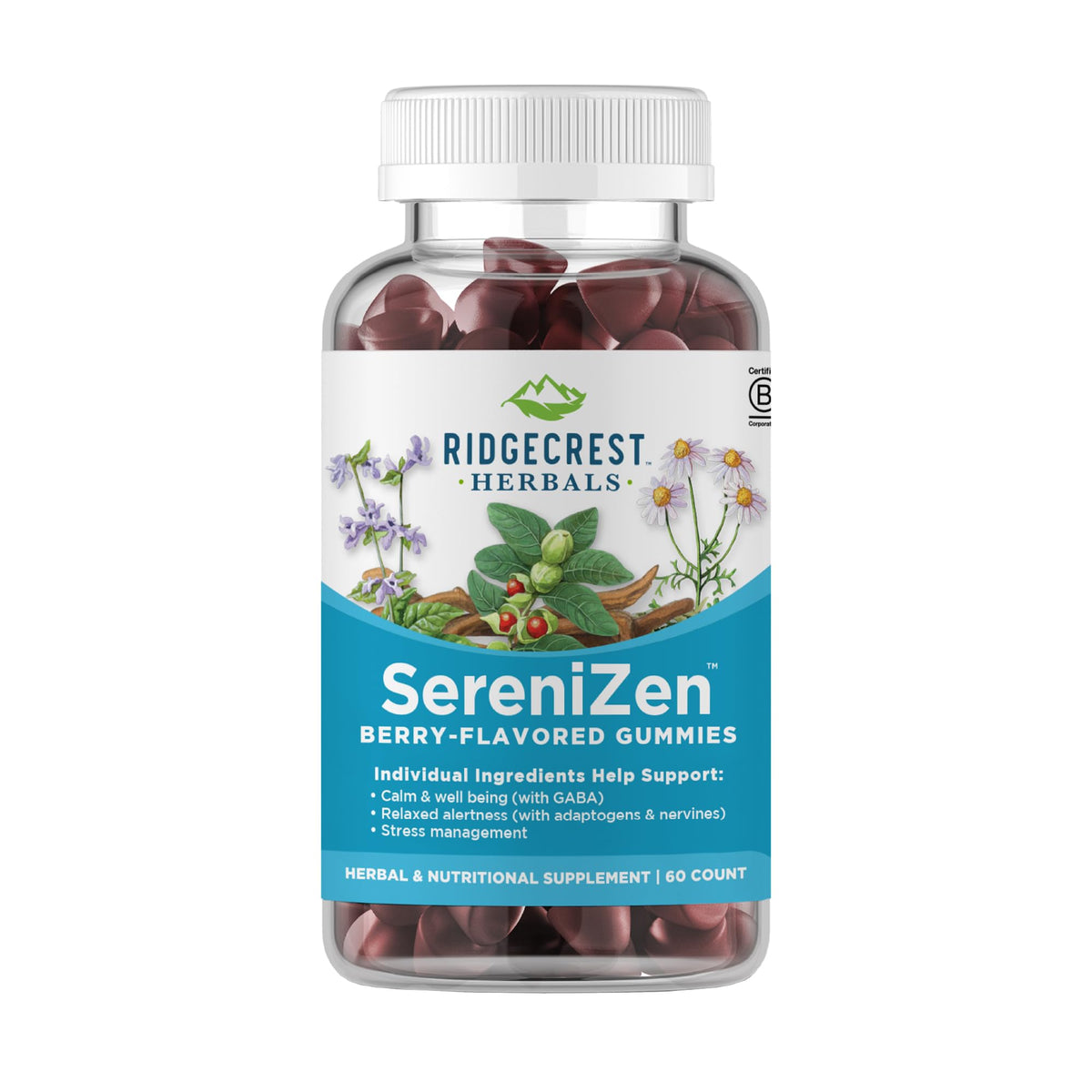 RidgeCrest SereniZen Gummies — emballage visible, soutien potentiel au calme et à la détente.