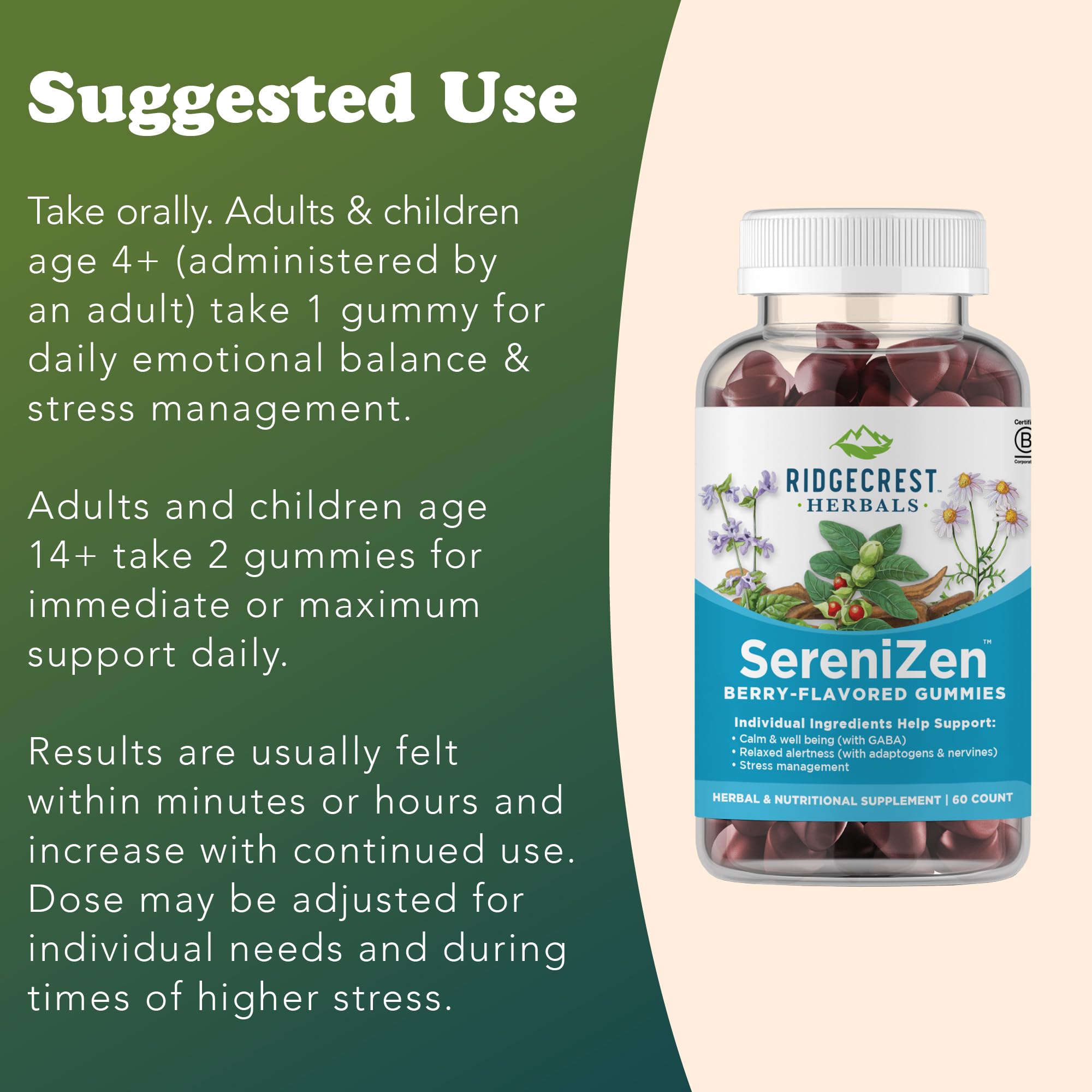 RidgeCrest SereniZen Gummies — texture gélifiée, goût agréable pour une expérience relaxante.