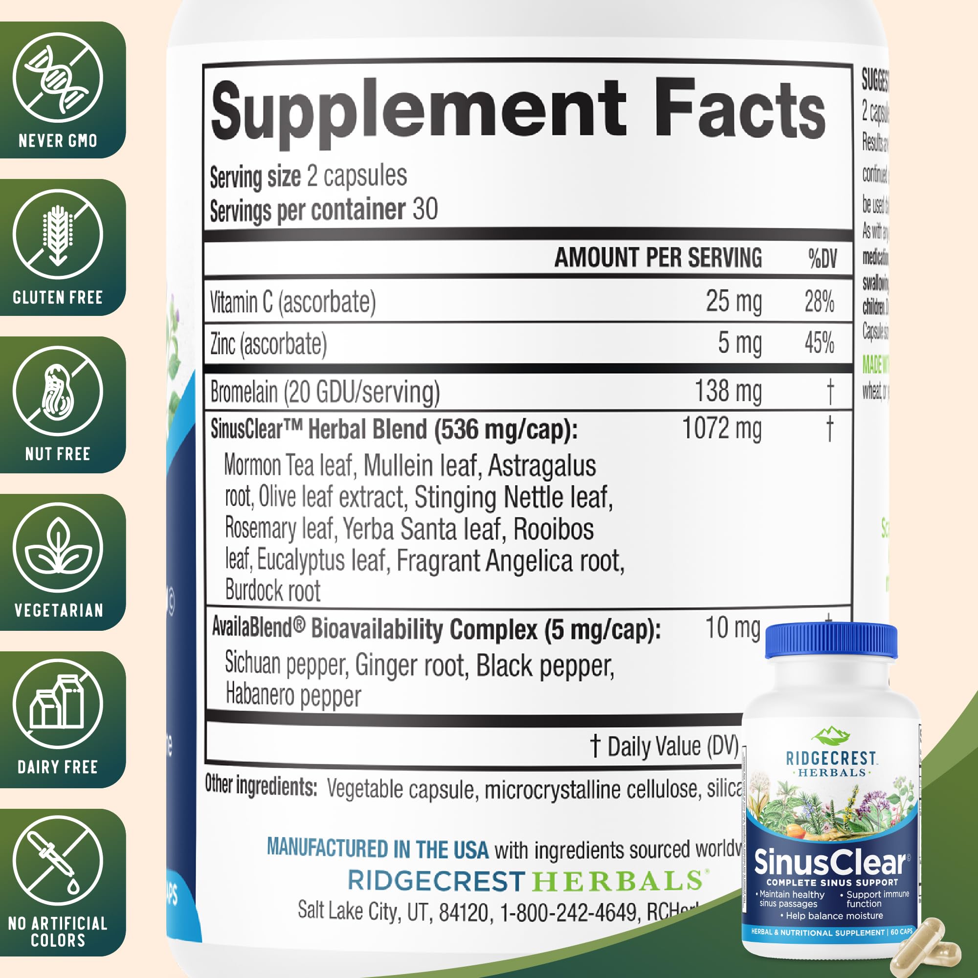 RidgeCrest SinusClear, tableau-ingredients-naturels: présente les herbes et nutriments clés.