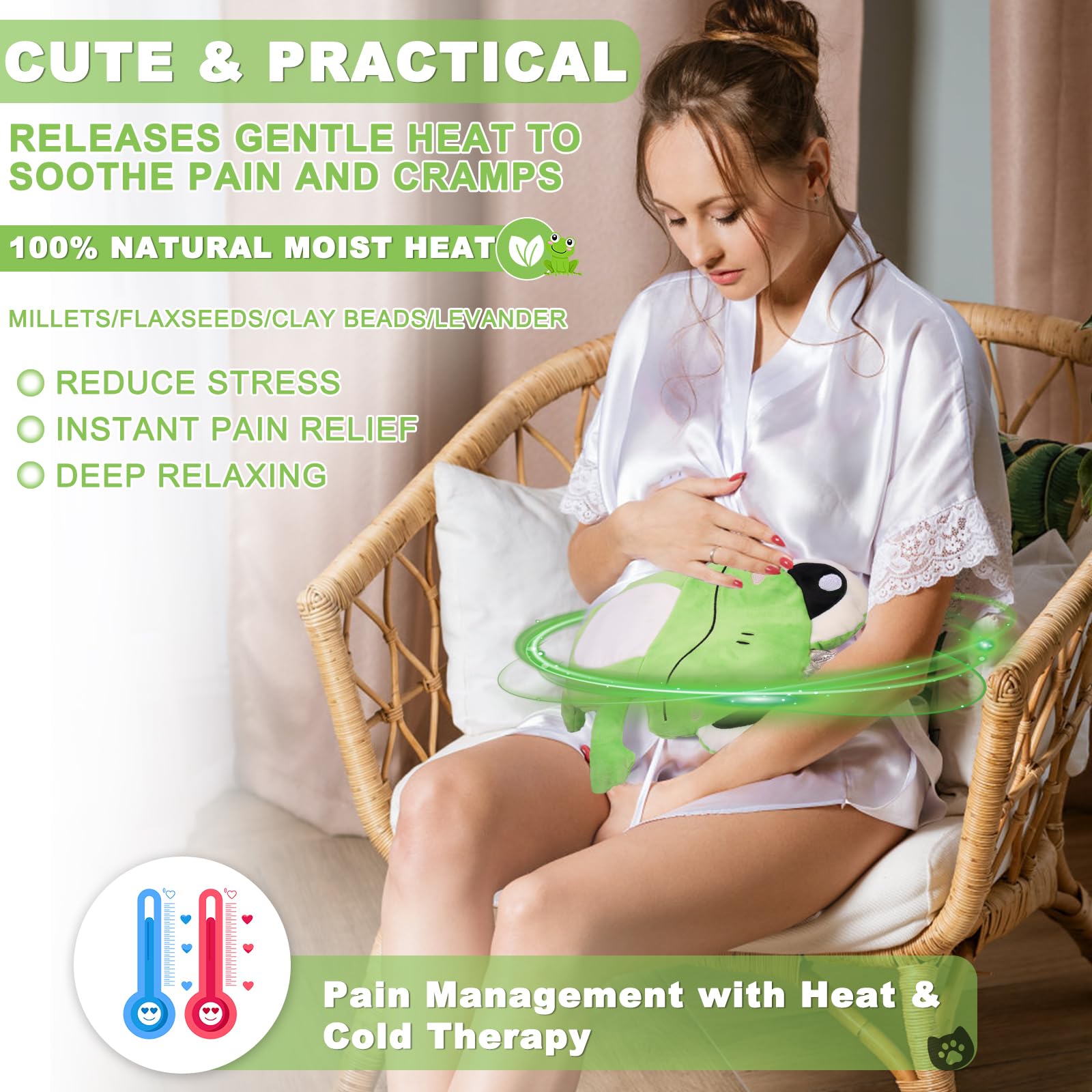 Rienkaco grenouille-peluche-chauffante: chauffage rapide et humidifié pour relaxer les muscles.
