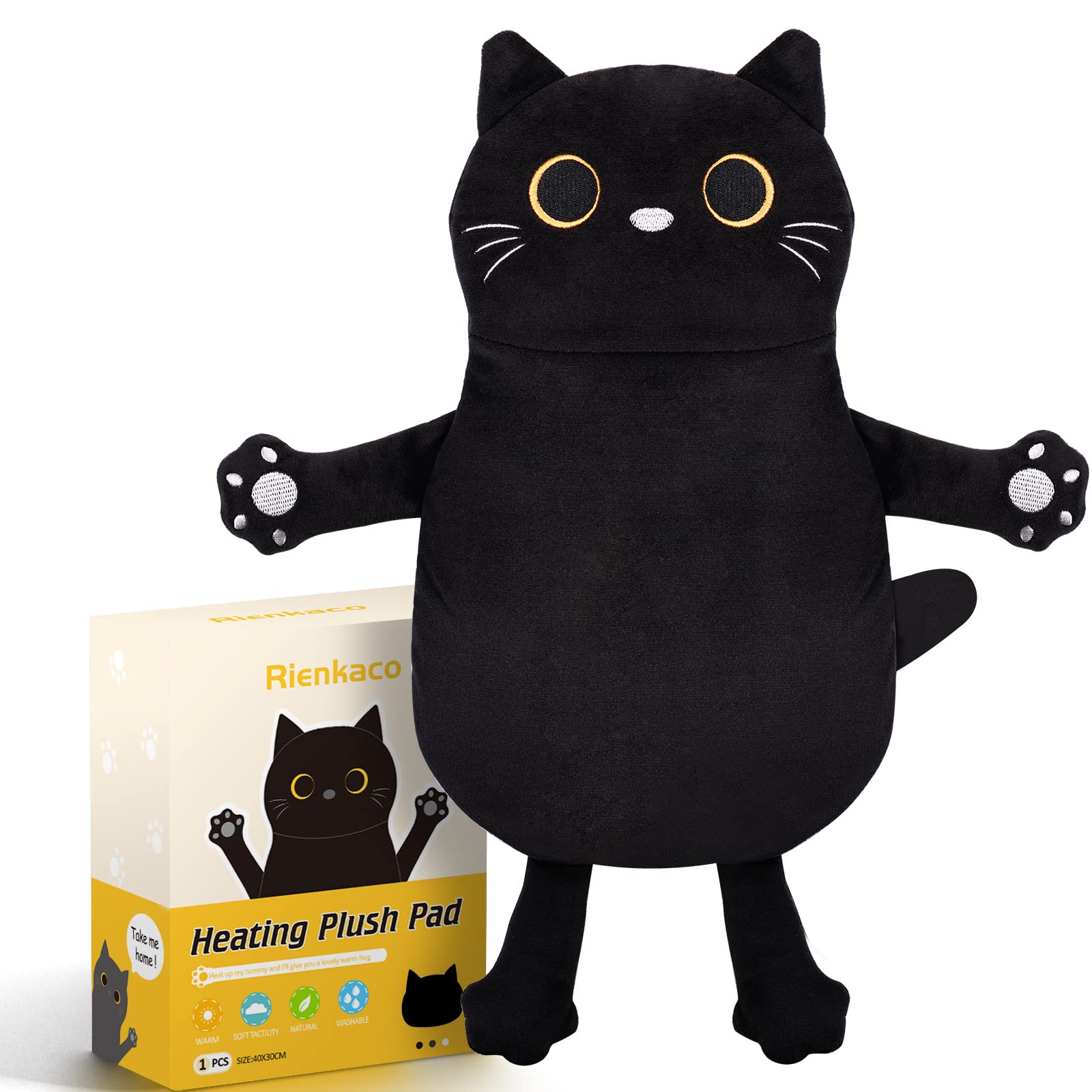 Rienkaco chat noir peluche chauffante pour crampes et réconfort.