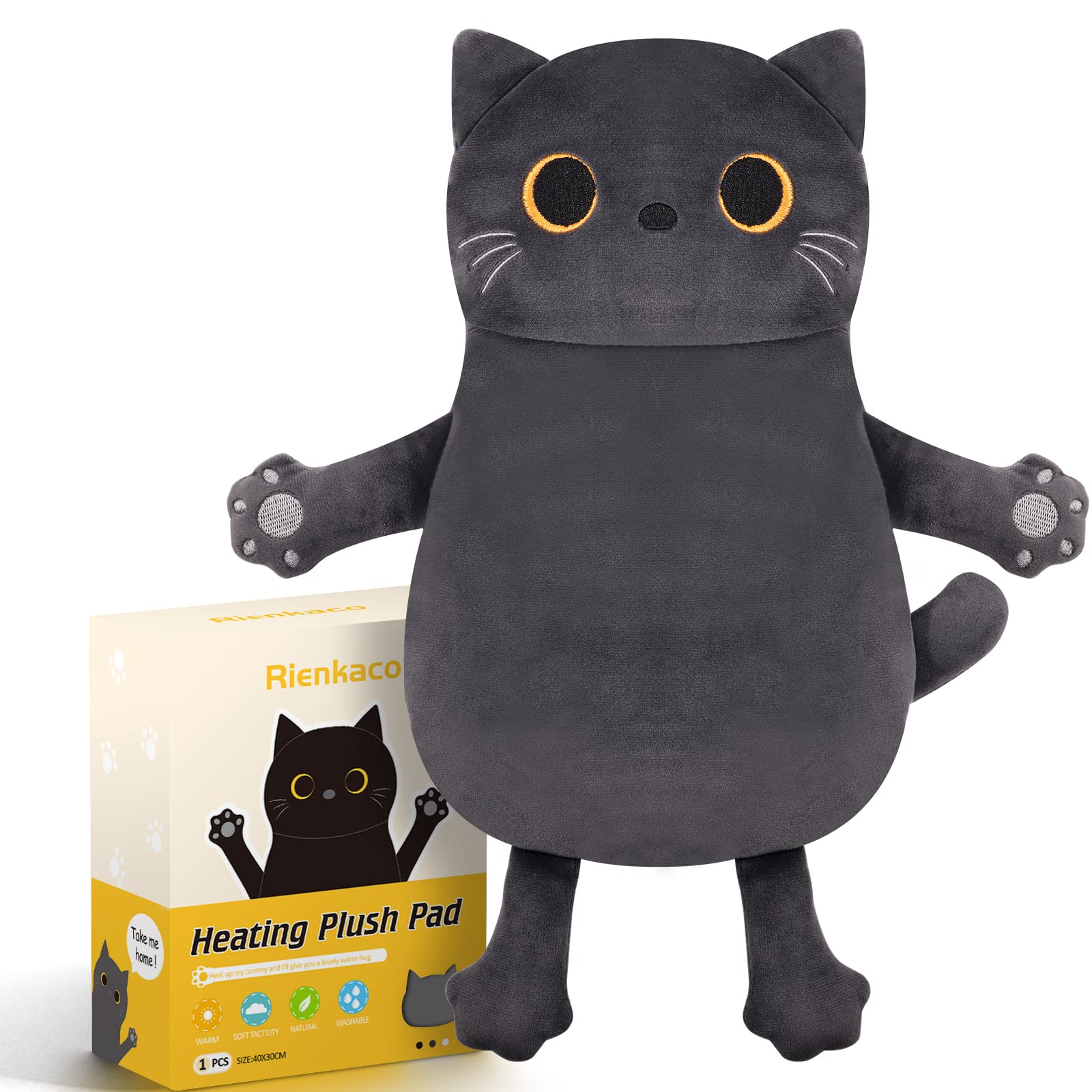 Coussin Rienkaco en forme de chat gris, chaleur douce pour détendre les muscles.