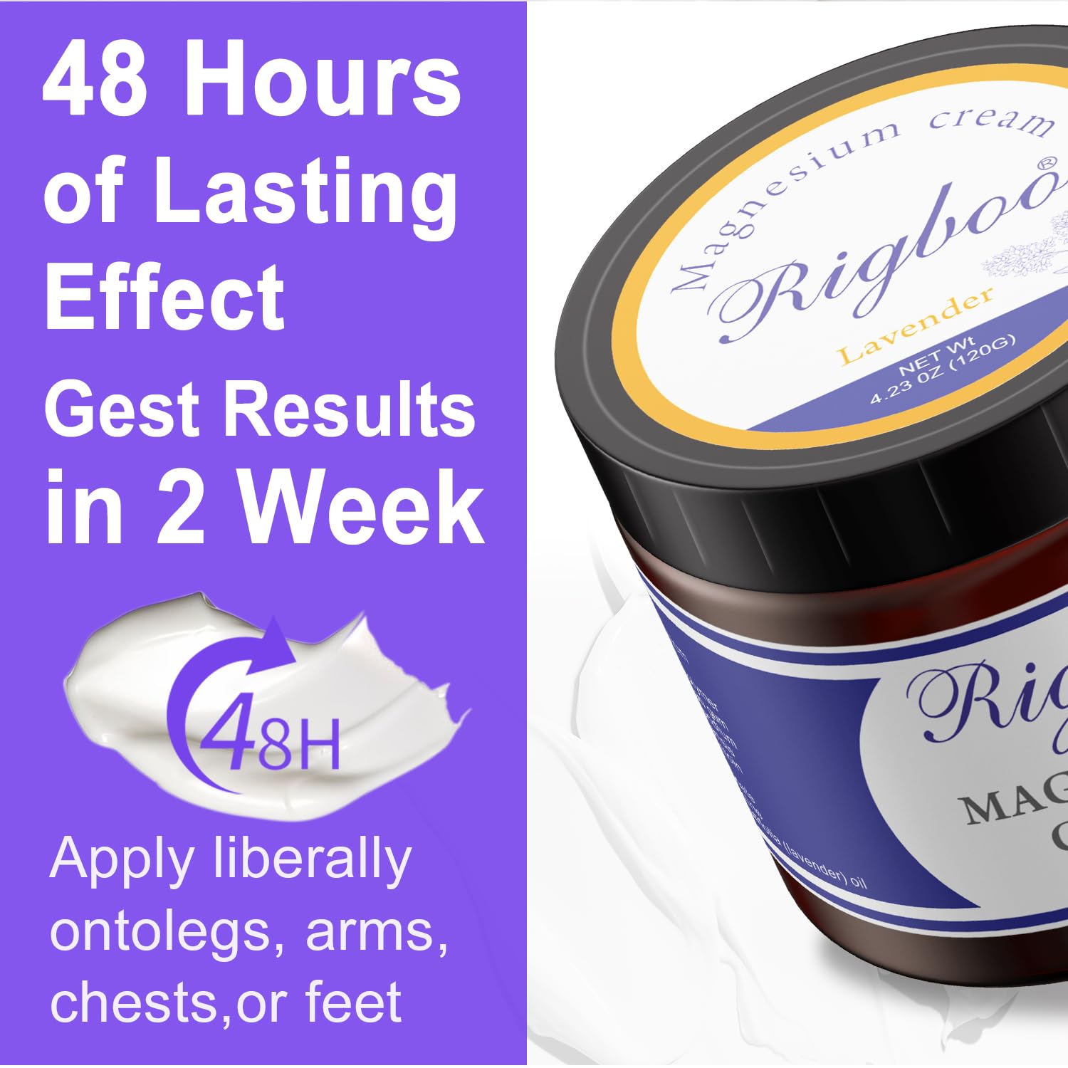 Utilisation jour et nuit de la lotion magnésium RIGBOO pour routine bien-être.