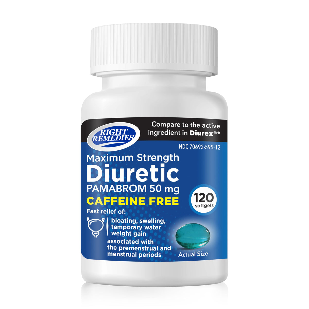Right Remedies diuretiques sans cafeine Pamabrom, boîte et flacon visibles pour un usage pratique.