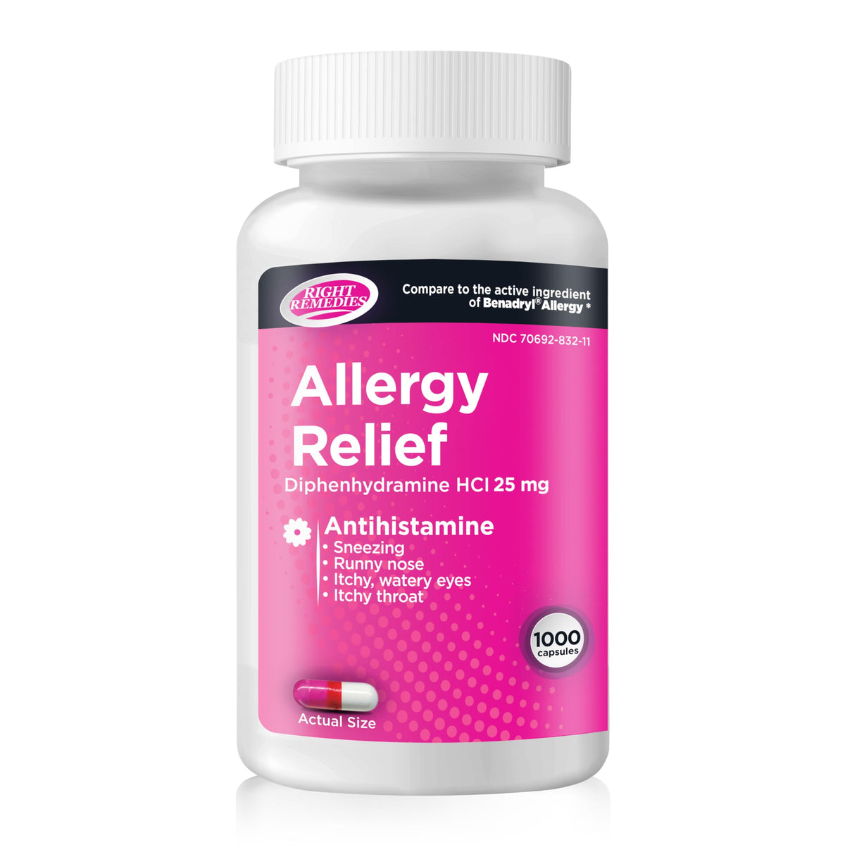 RIGHT REMEDIES Allergy Relief: capsules diphenhydramine-25mg, soulagement potentiel des éternuements et du nez qui coule.