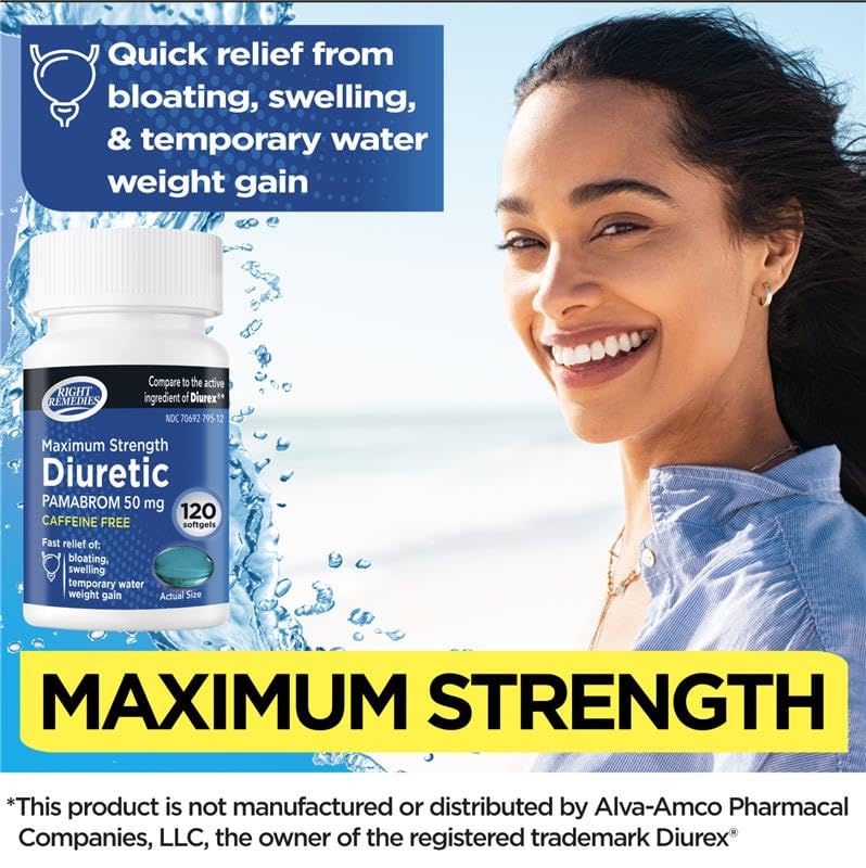 Right Remedies capsule diuretiques visibles avec verre d'eau pour prise facile.