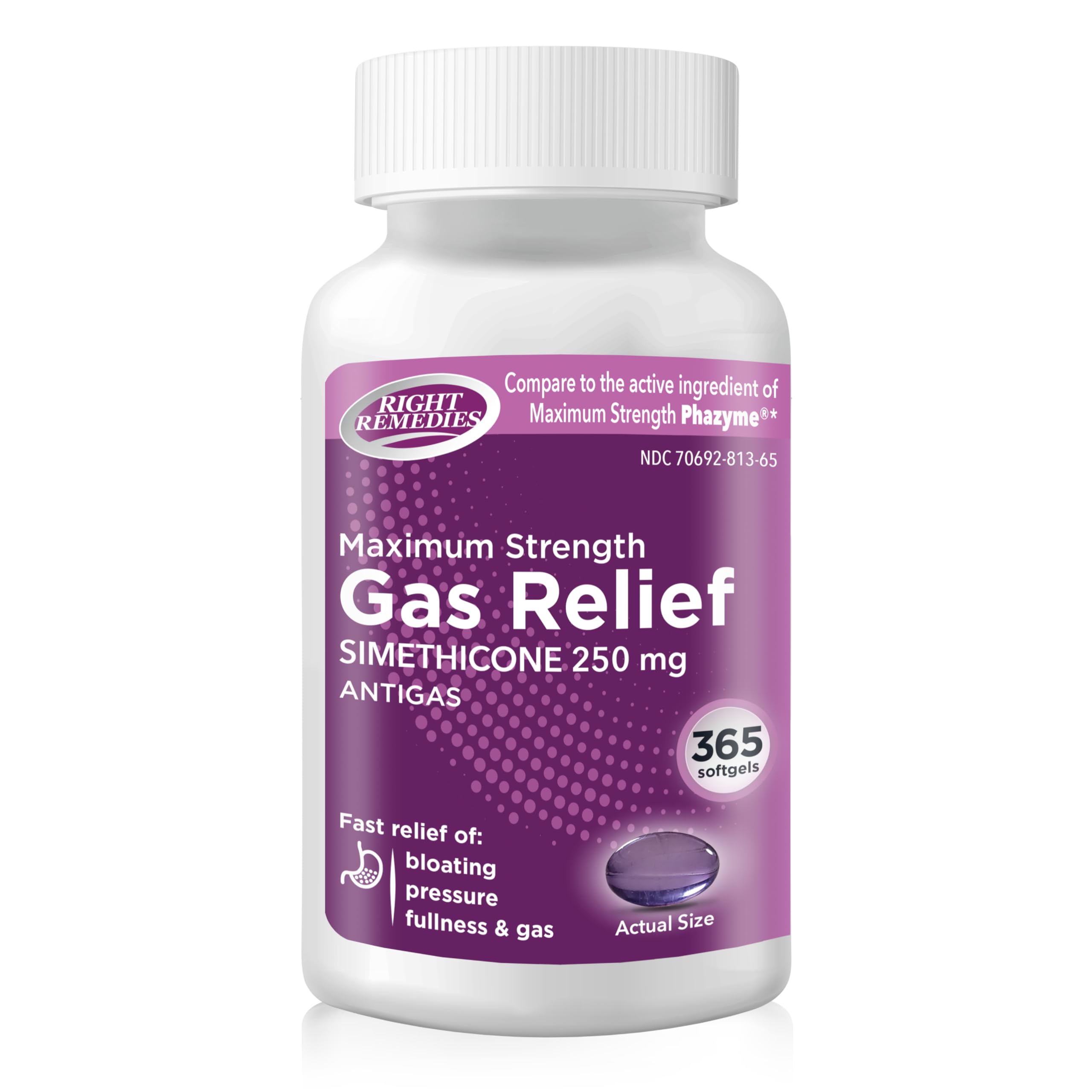 Right Remedies Gas Relief, bouteille de gelules molles, soulage les gaz et ballonnements potentiels.