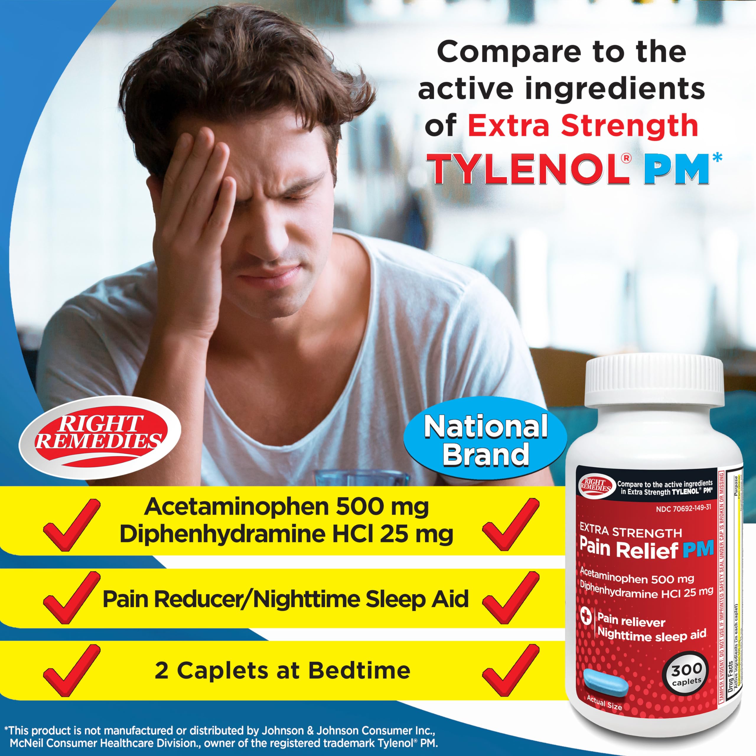 Étiquette Right Remedies PM caplets, indications claires et dosage recommandé.