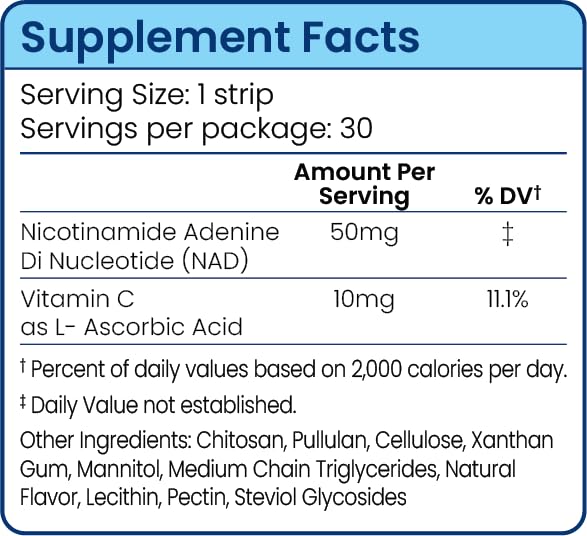 Riize NAD+ Strips, vitamine C, soutien quotidien léger.