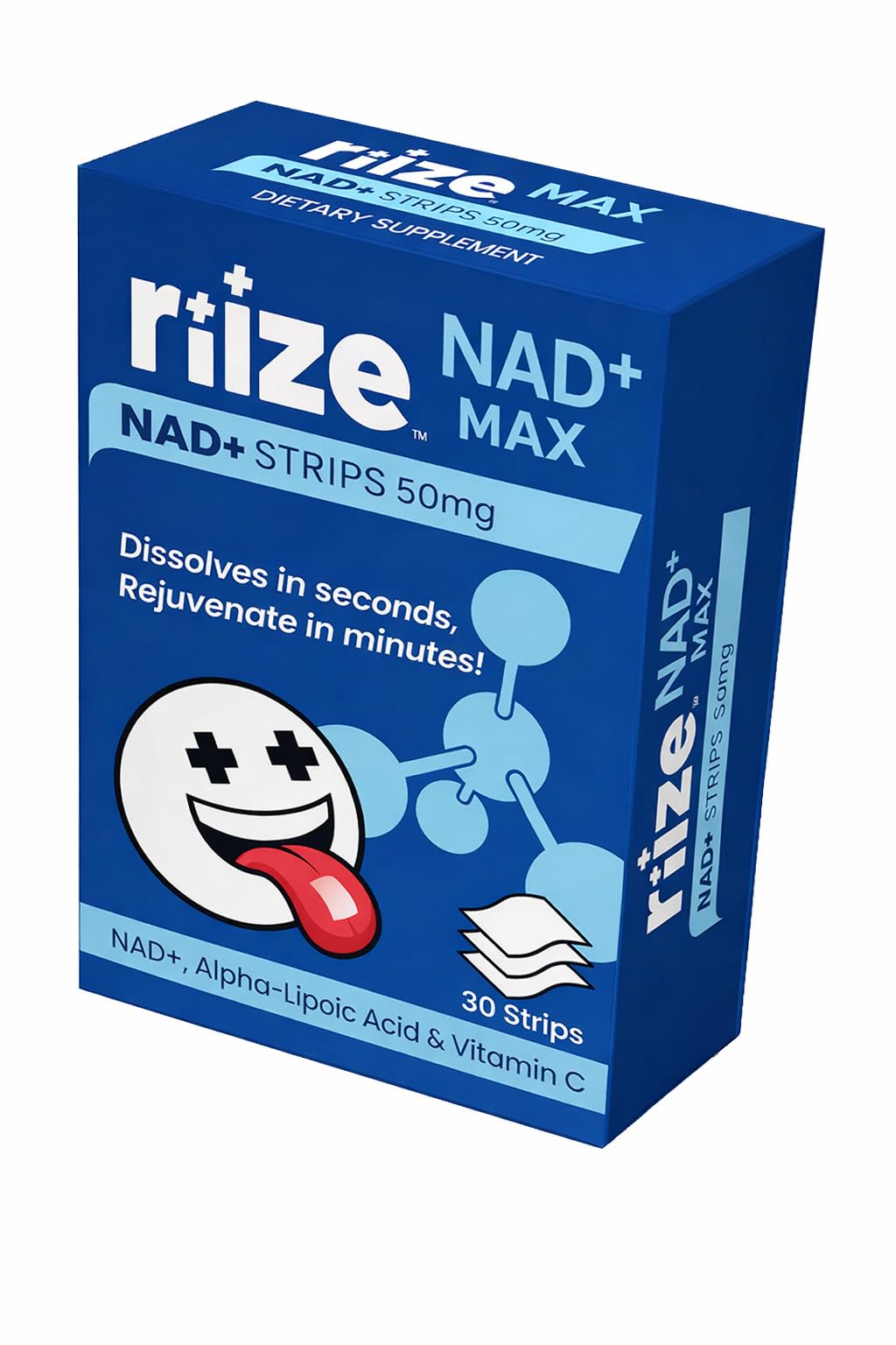 Riize NAD+ Strips, emballage compact, pratique en déplacement.