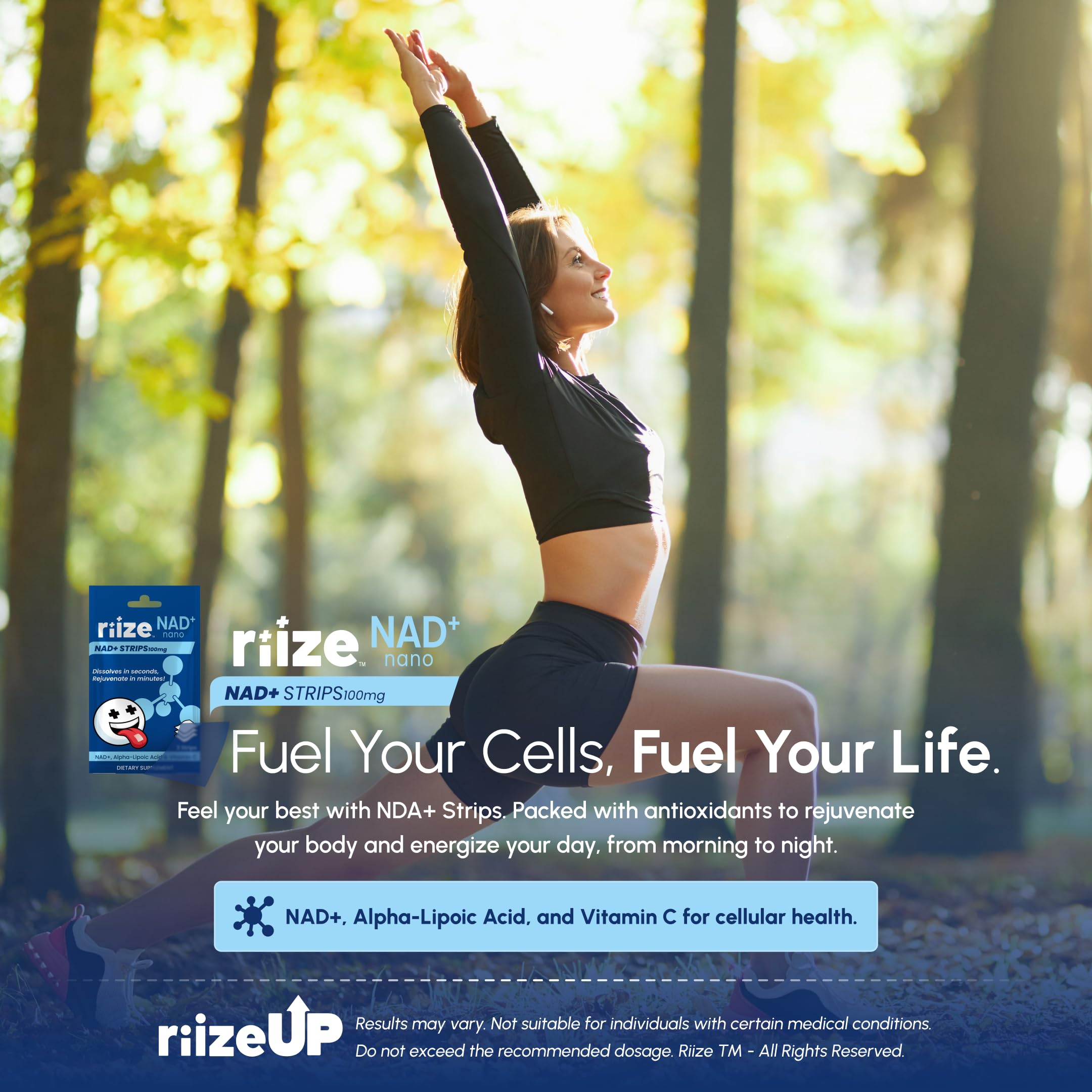 Riize NAD+ Strips, format portable, idéal pour sac ou poche.
