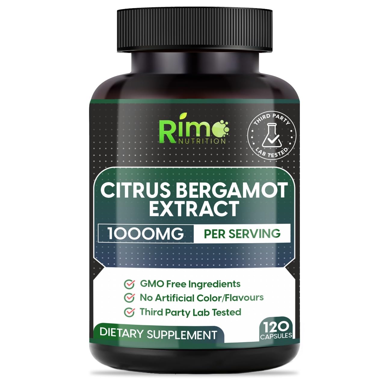 Rimo Nutrition Bergamote, bouteille avec dose de 1000 mg par portion, pour le bien-être général.