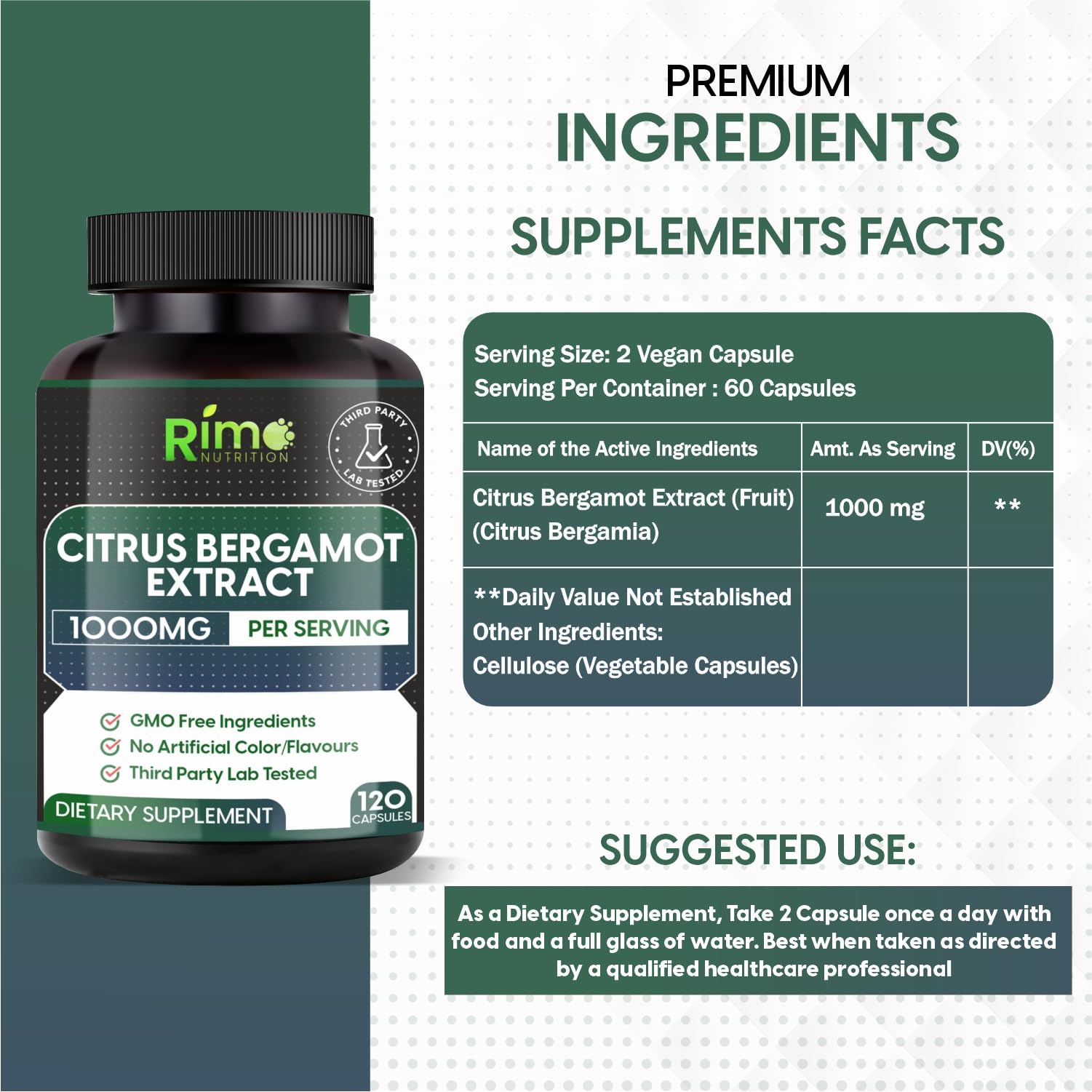 Capsules végétales Rimo Bergamote – formulation végane et sans OGM, pratique dans la routine quotidienne.