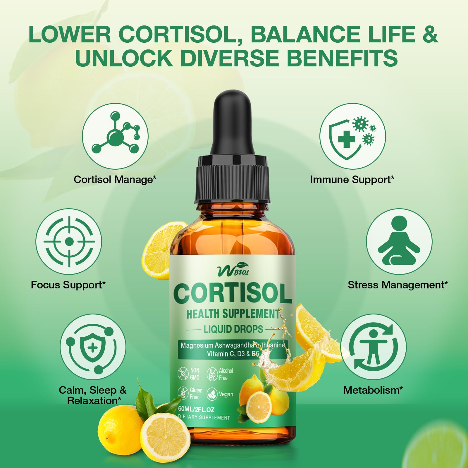 RiRywony Health Gouttes cortisol arôme citron, absorption rapide pour une utilisation facile.