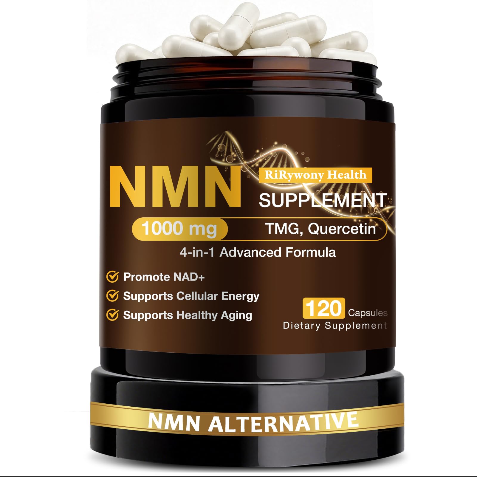 RiRywony Health NMN 1000mg – flacon, soutien potentiel énergie et vitalité.