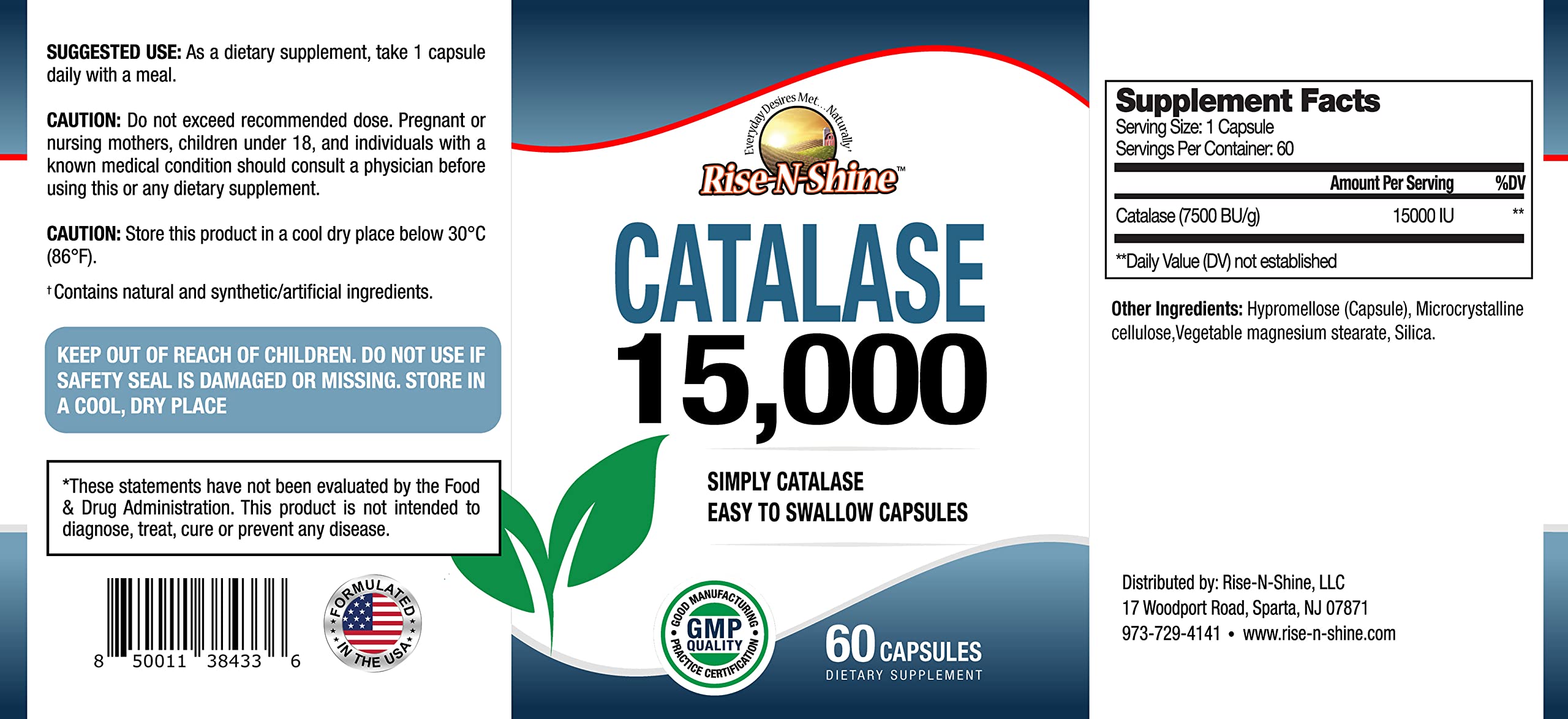 Rise-N-Shine Catalase 15000 - Étui boîte, emballage clair et sûr.
