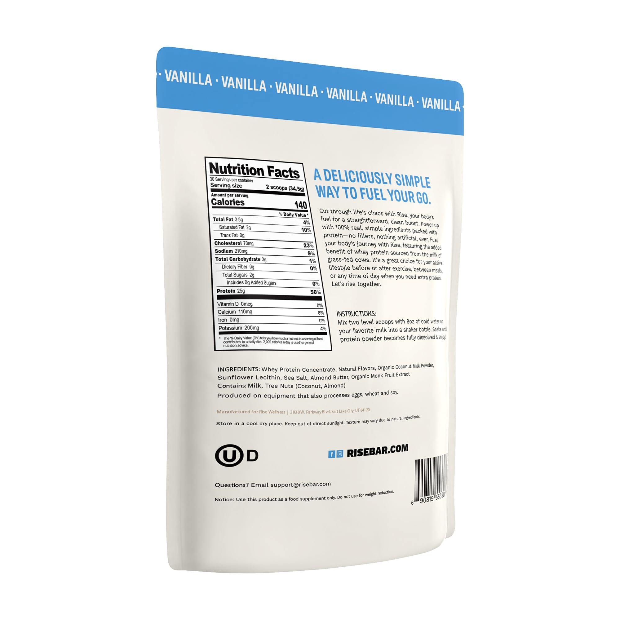 Rise Whey Vanille – ingrédients simples, sept à huit éléments réels.