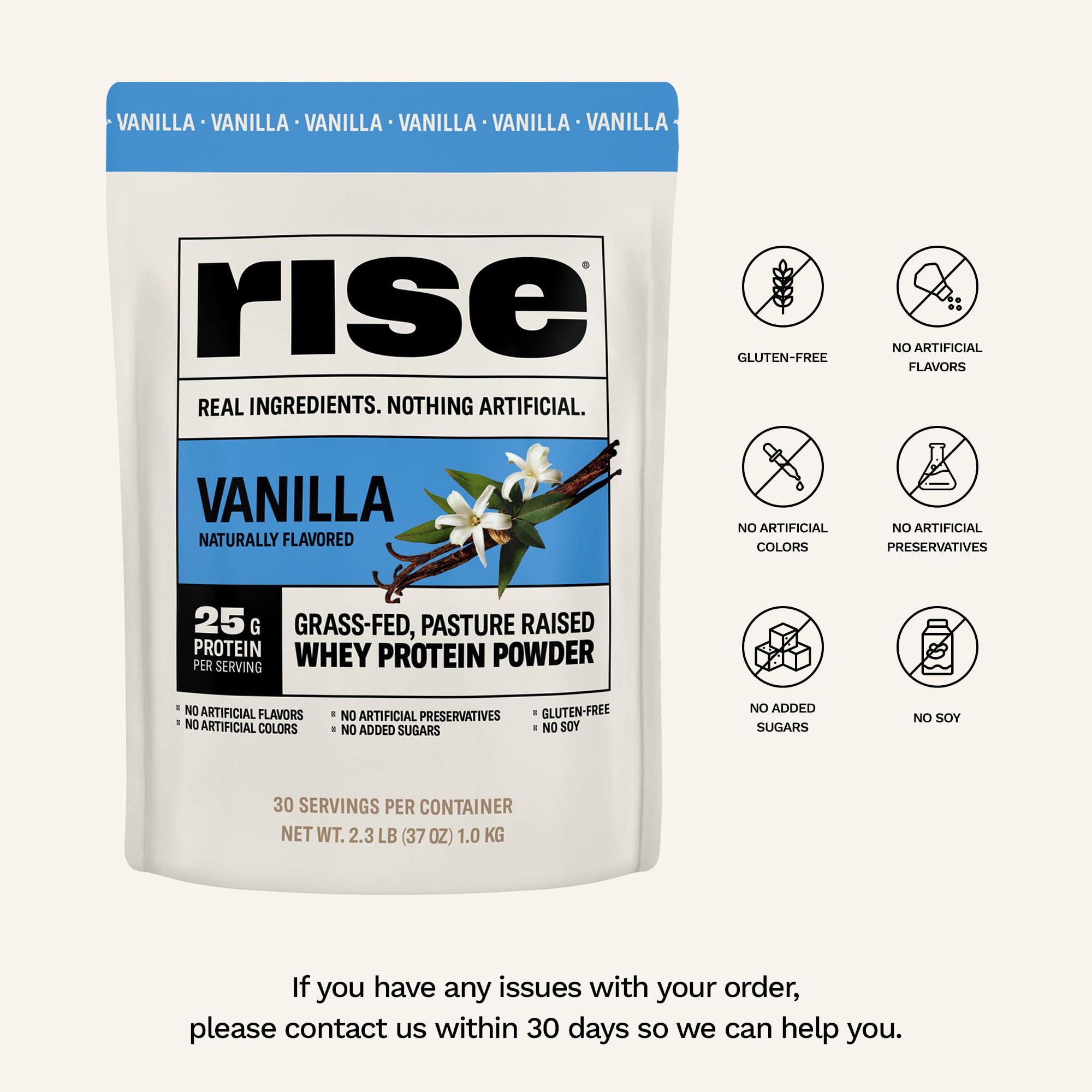Rise Whey Vanille – dissolution rapide dans eau ou lait pour un mélange fluide.