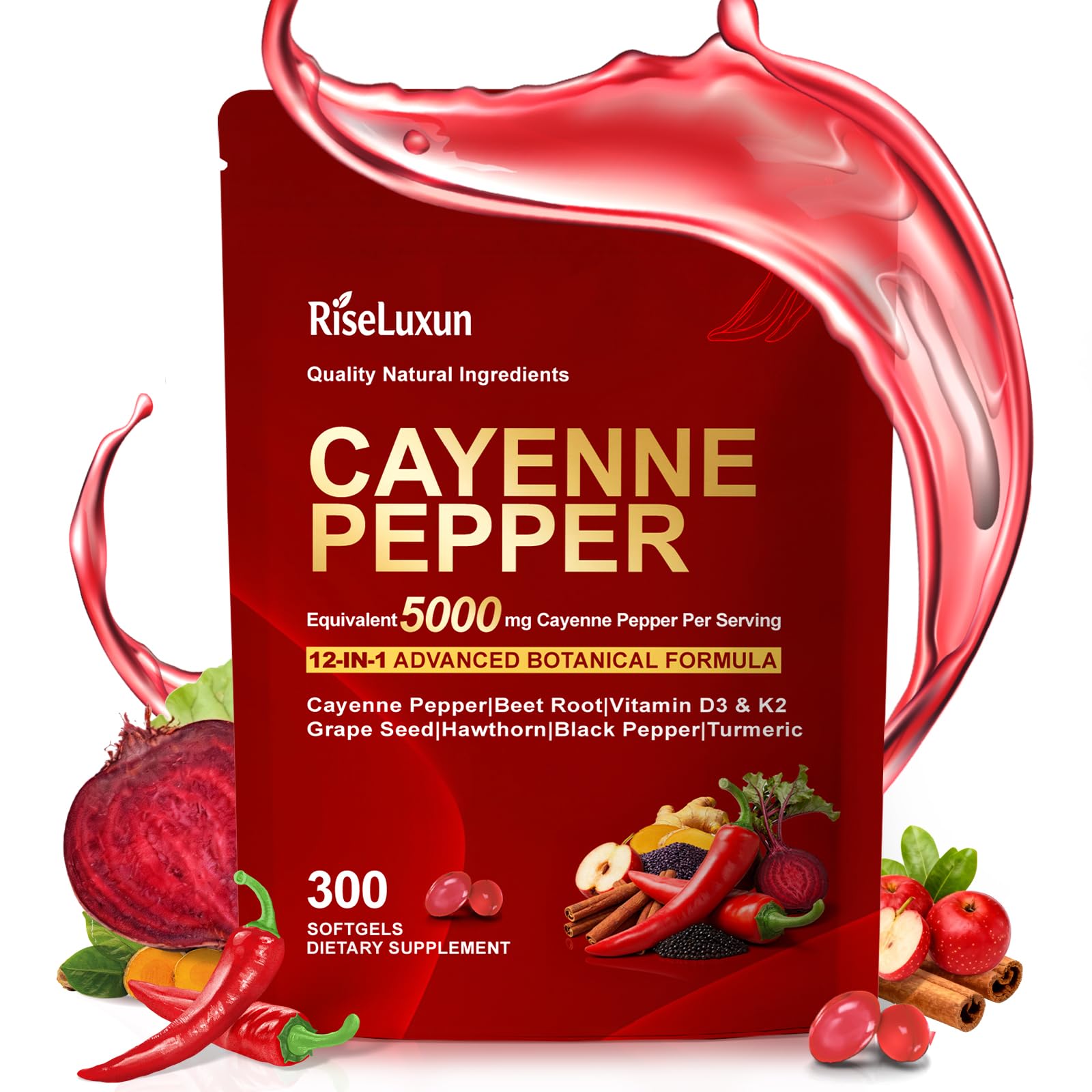 RiseLuxun: bouteille cayenne 12-en-1, soutien énergie quotidienne.