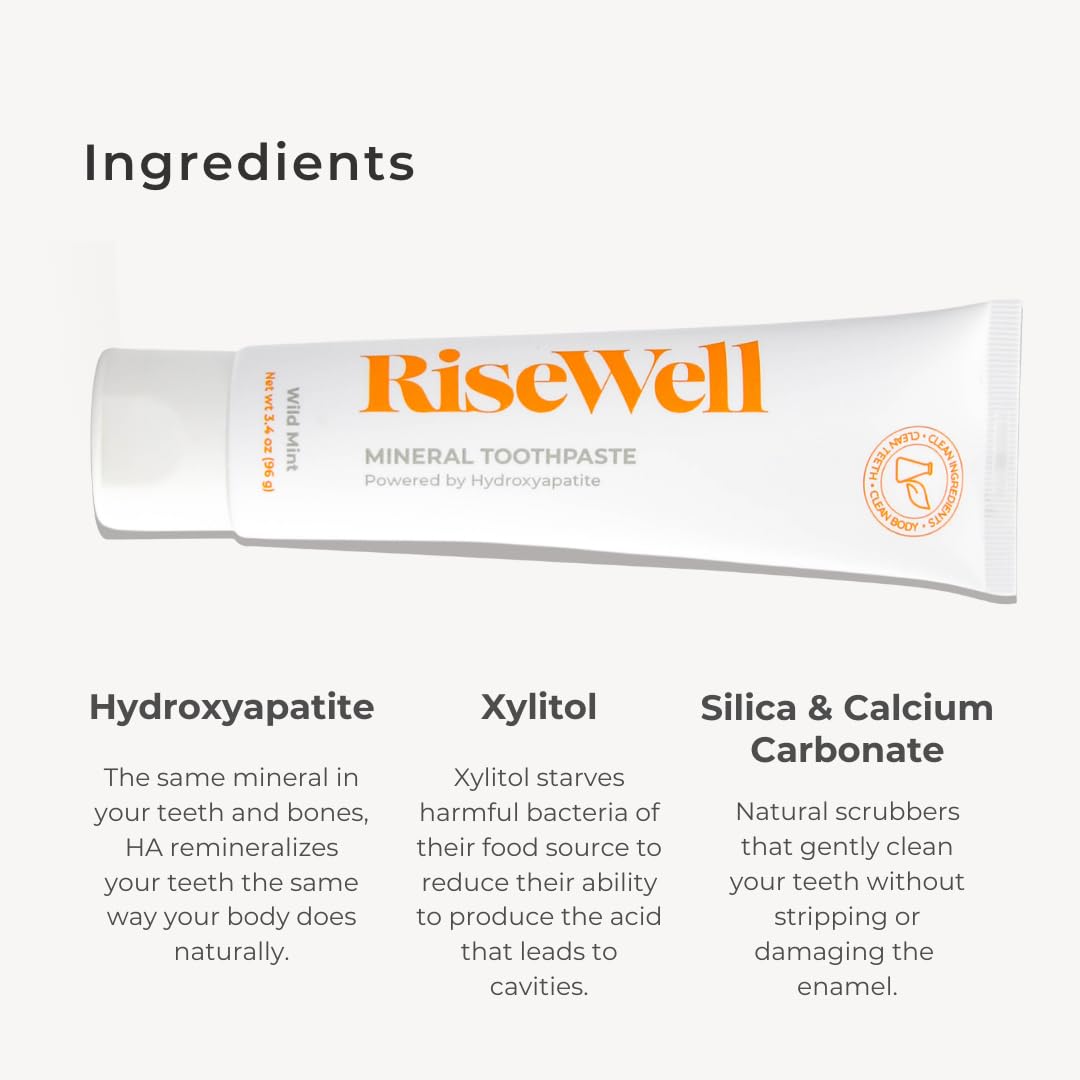 RiseWell Dentifrice minéral - emballage fabriqué aux États‑Unis, produit éthique et naturel.