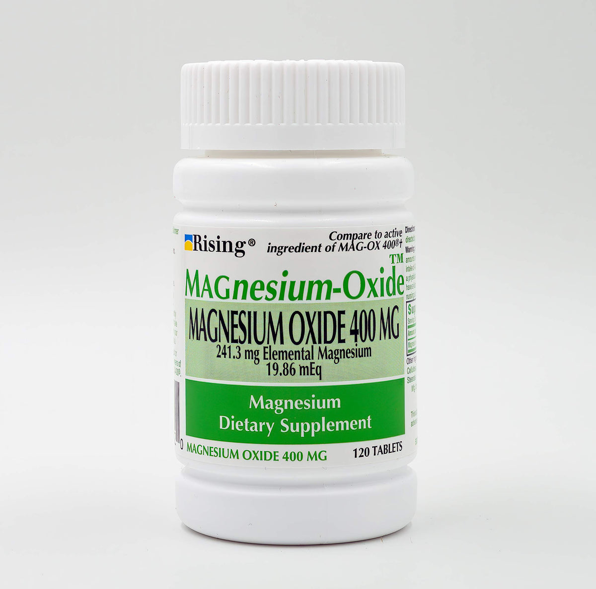 Rising Magnesium Oxide 400 mg — bouteille avec dosage clairement affiché