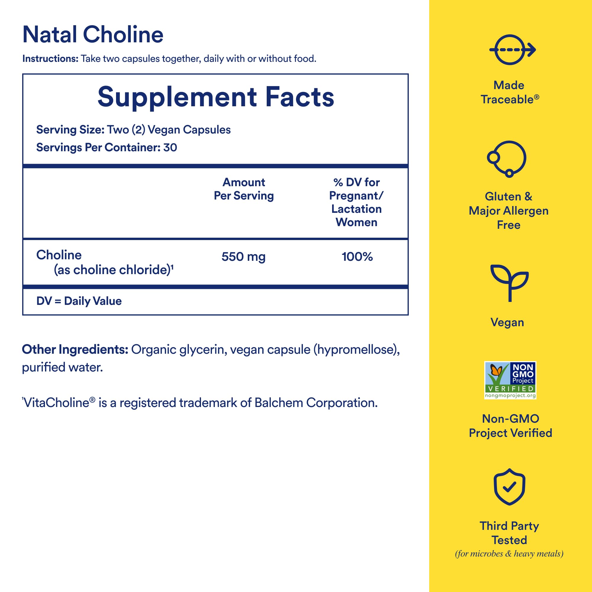 Ritual Natal Choline—étiquette: informations claires sur les ingrédients et les bénéfices potentiels.