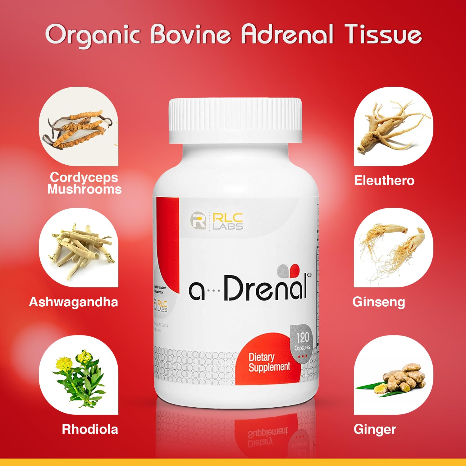 RLC Labs A-Drenal: capsules prêtes à être prises pour le bien-être quotidien.