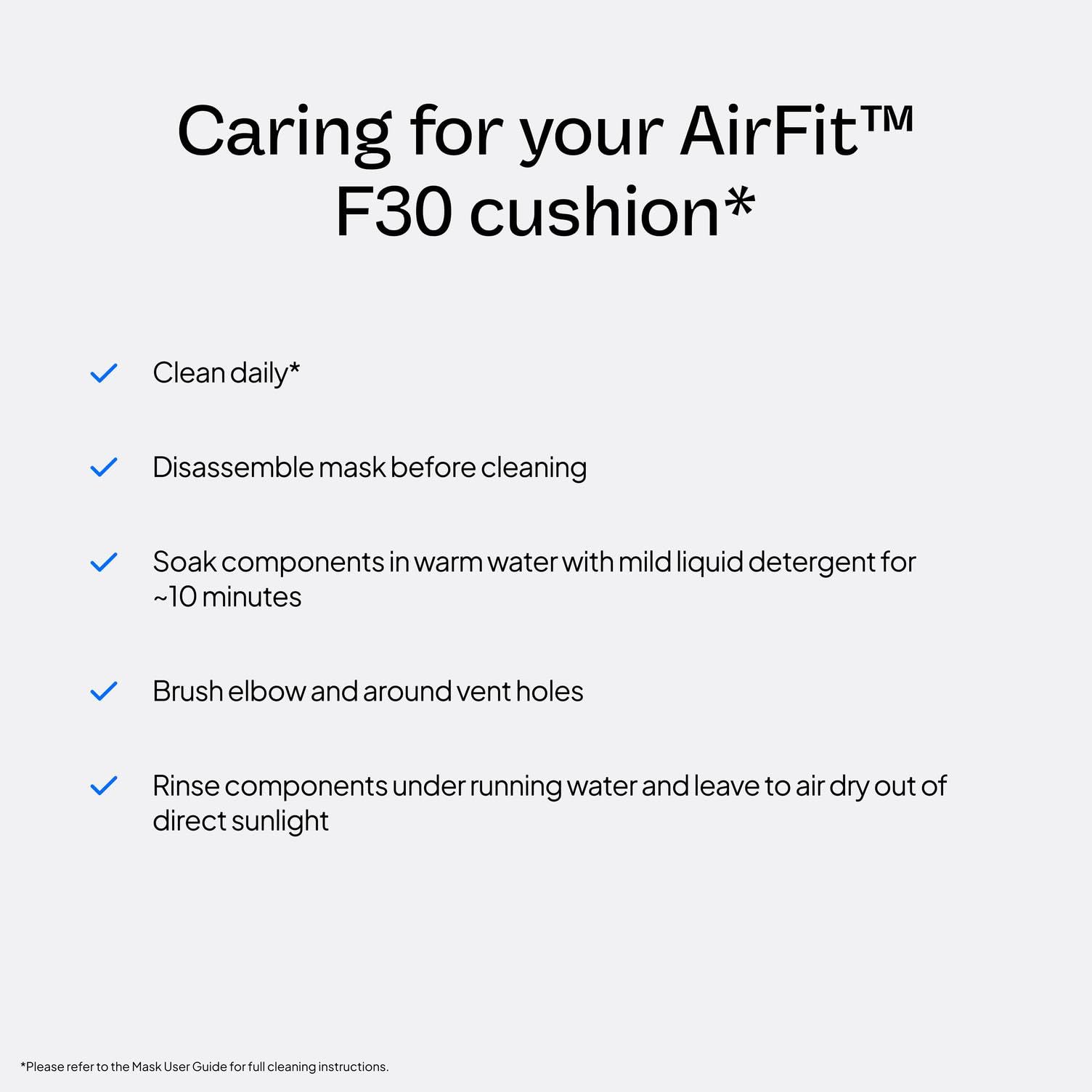 Coussin AirFit F30 en contact minimal sous le nez.