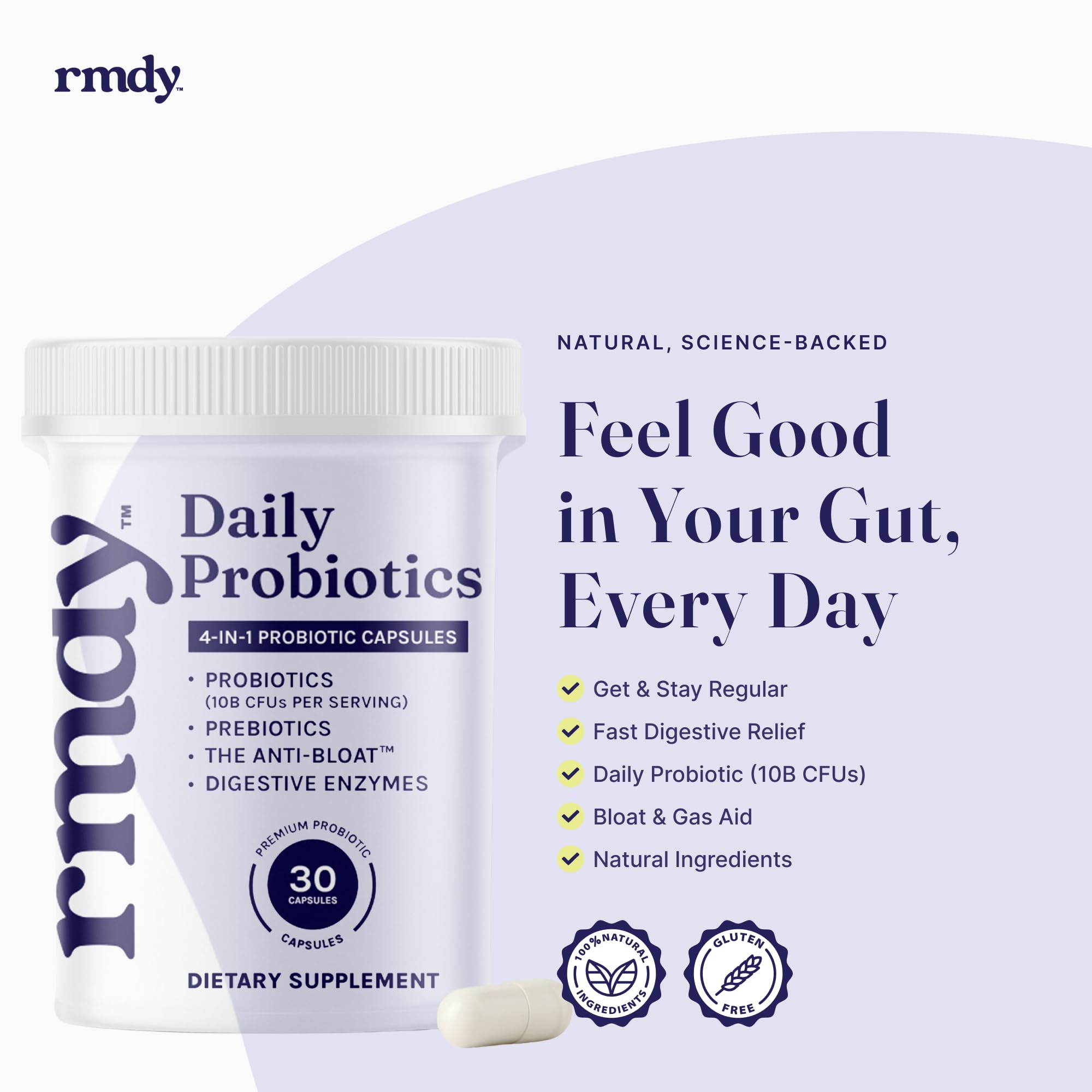 étiquette rmdy-probiotique digestif en gros plan, indication de stabilité et pureté
