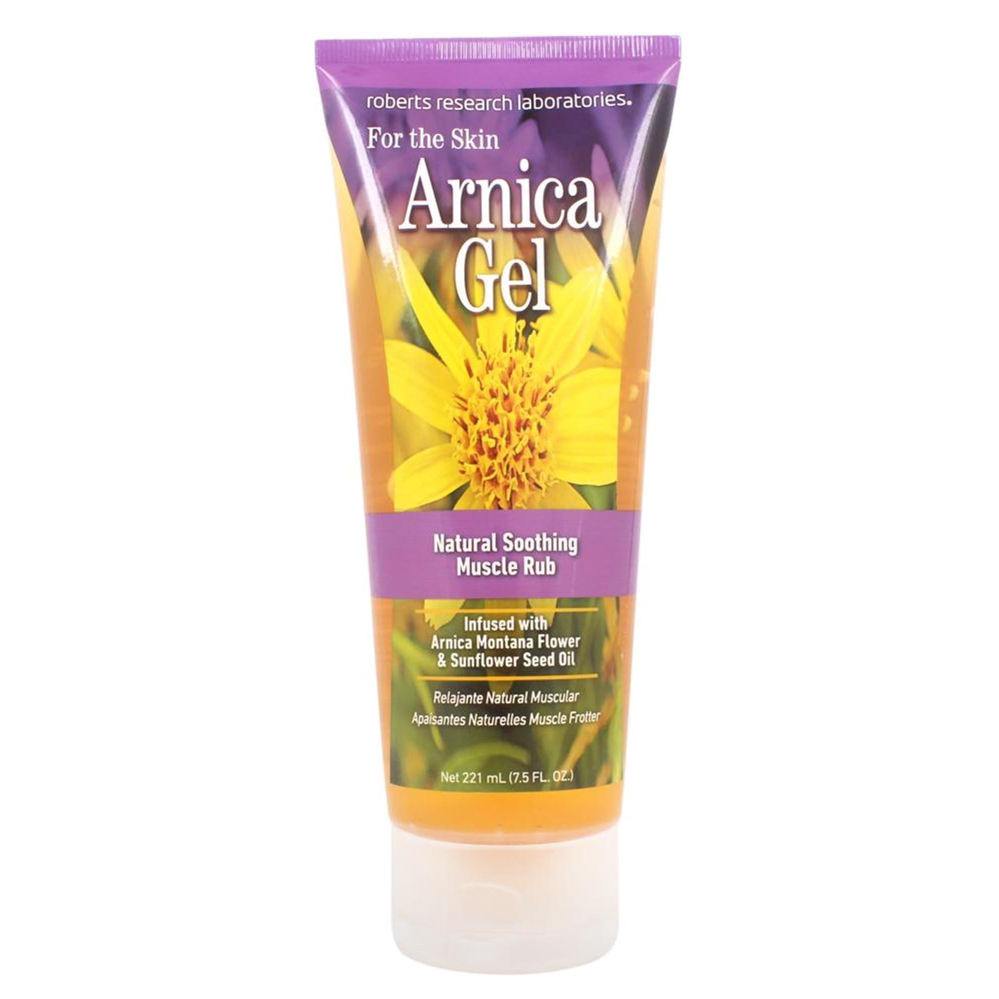Gel Arnica Robert Research Laboratories dans le tube, apaisant les inconforts musculaires locaux.