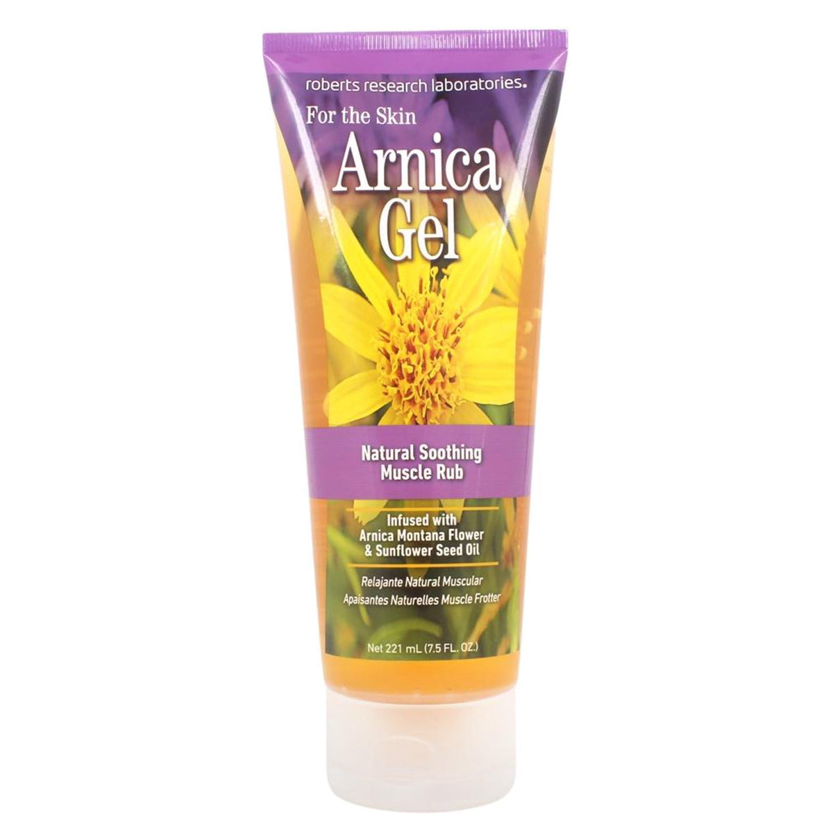 Gel Arnica Robert Research Laboratories dans le tube, apaisant les inconforts musculaires locaux.