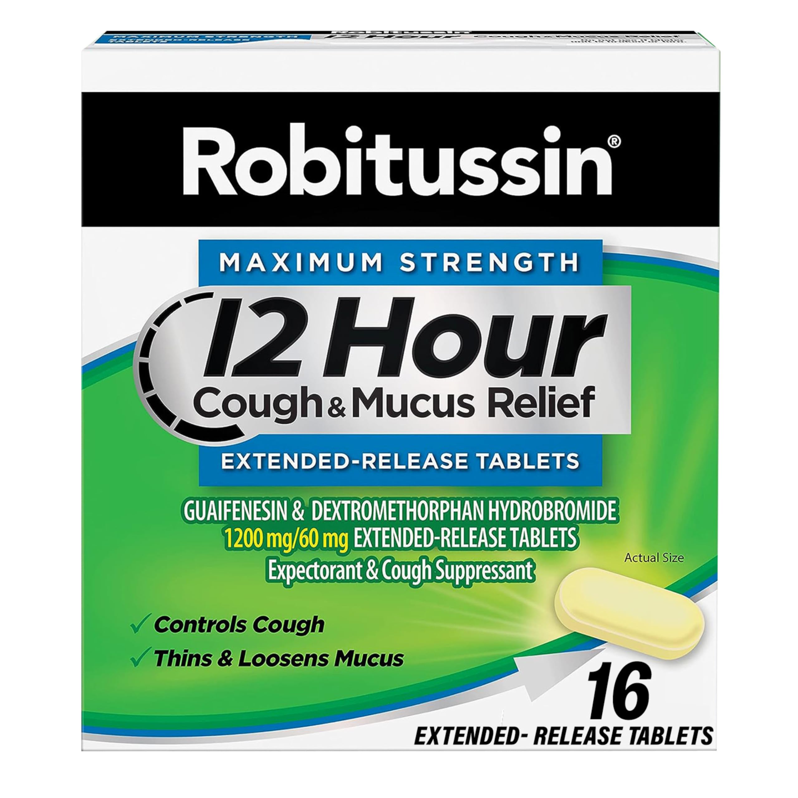 Robitussin Maximum Strength: boîte et comprimés visibles, soulagement potentiel de la toux et mucus.