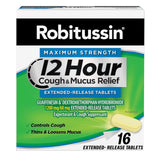 Robitussin Maximum Strength: boîte et comprimés visibles, soulagement potentiel de la toux et mucus.